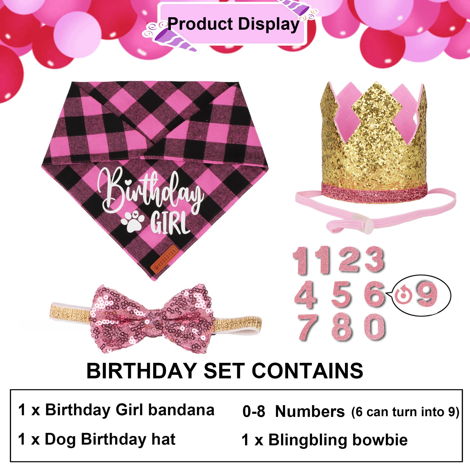 Adoggygo Dog Birthday Party Supplies, Pink Plaid Birthday Girl Dog Bandana, Golden Puppy Party Hat With Numbers, Bowtie For Smal
