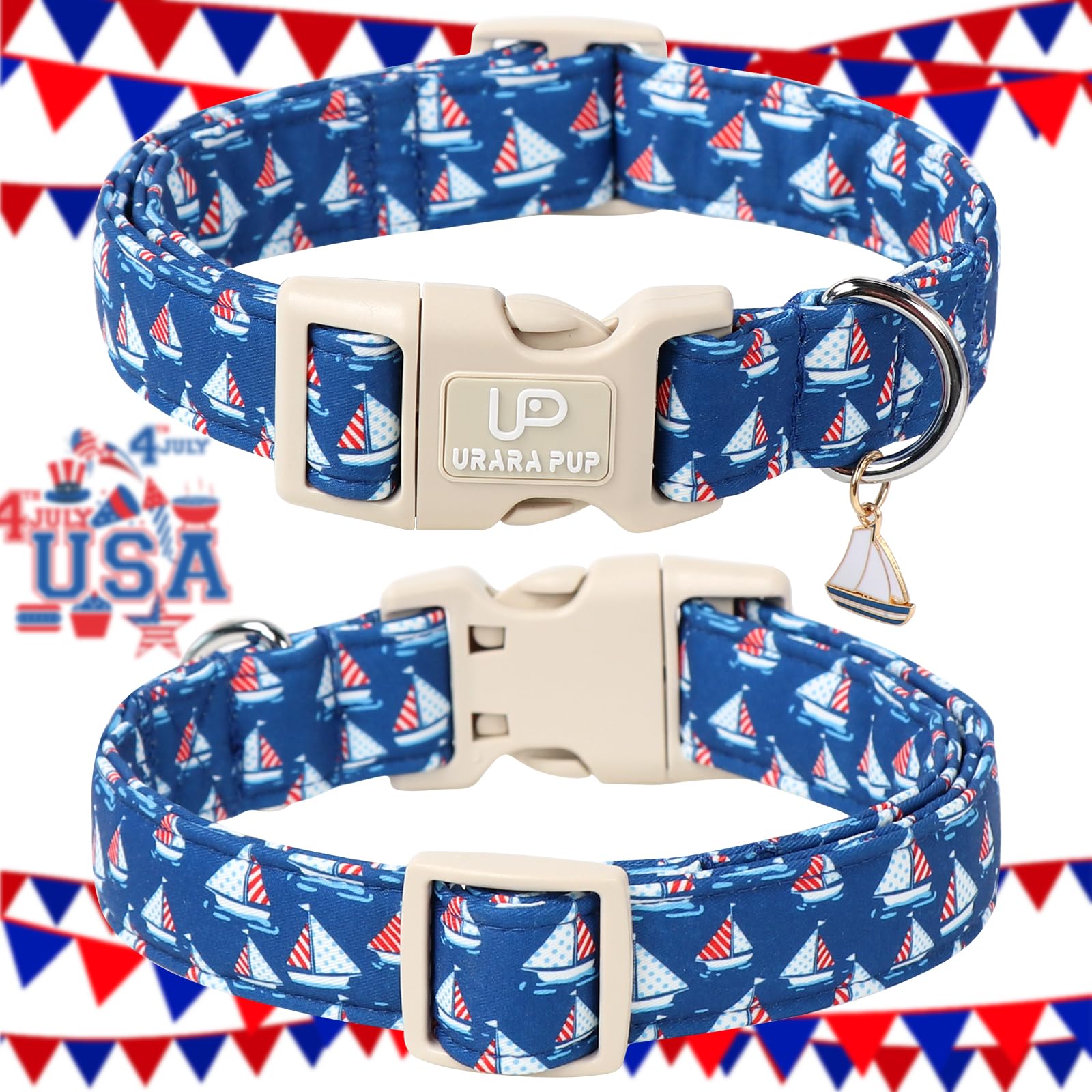 Up Urara Pup Usa Flag Dog Collar, 4Th Of July Comfortable Cotton Dog Collars, American Flag Collar For Medium Girl Boy Dogs, Pat