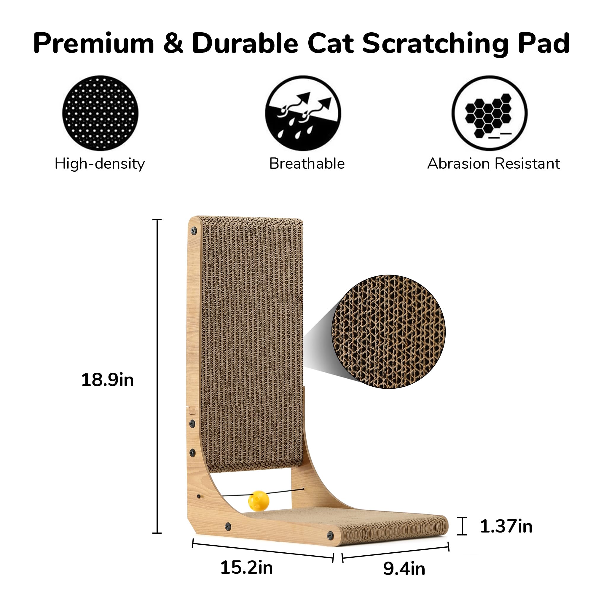 Fukumaru Cat Scratcher, 18.9 Inch L Shape Cat Scratch Pad, Vertical Cat Scratcher Wall Mounted, Cat Scratching Cardboard With Ba