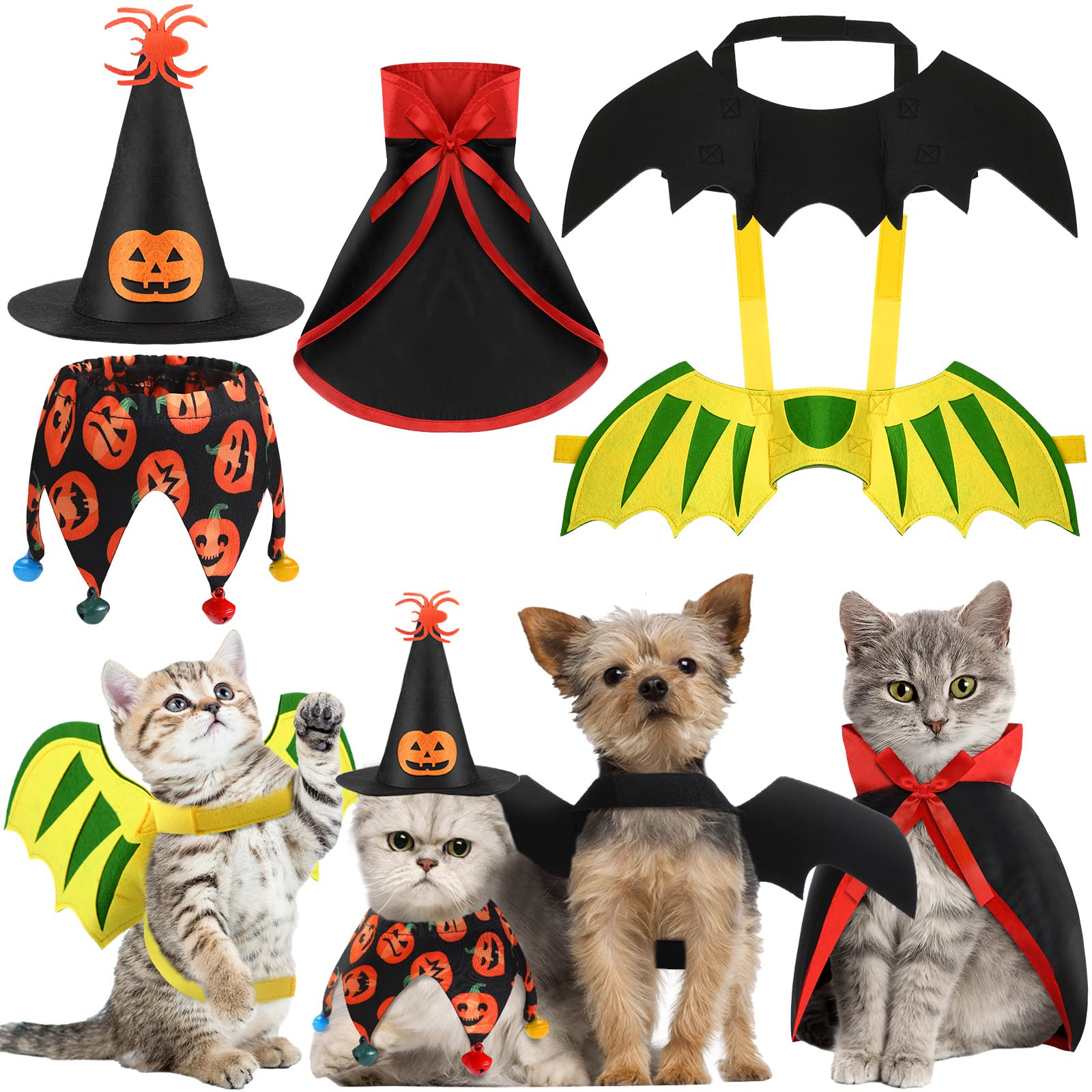 Halloween 5 Pieces Pet Costume Cat Dogs Cosplay Clothes Vampire Cloak Bat Pumpkin Hat Bib With Bells Wings Dinosaur Dragon Cat Collar Small Kitty Puppy Outfits For Halloween Party Pet Cosplay