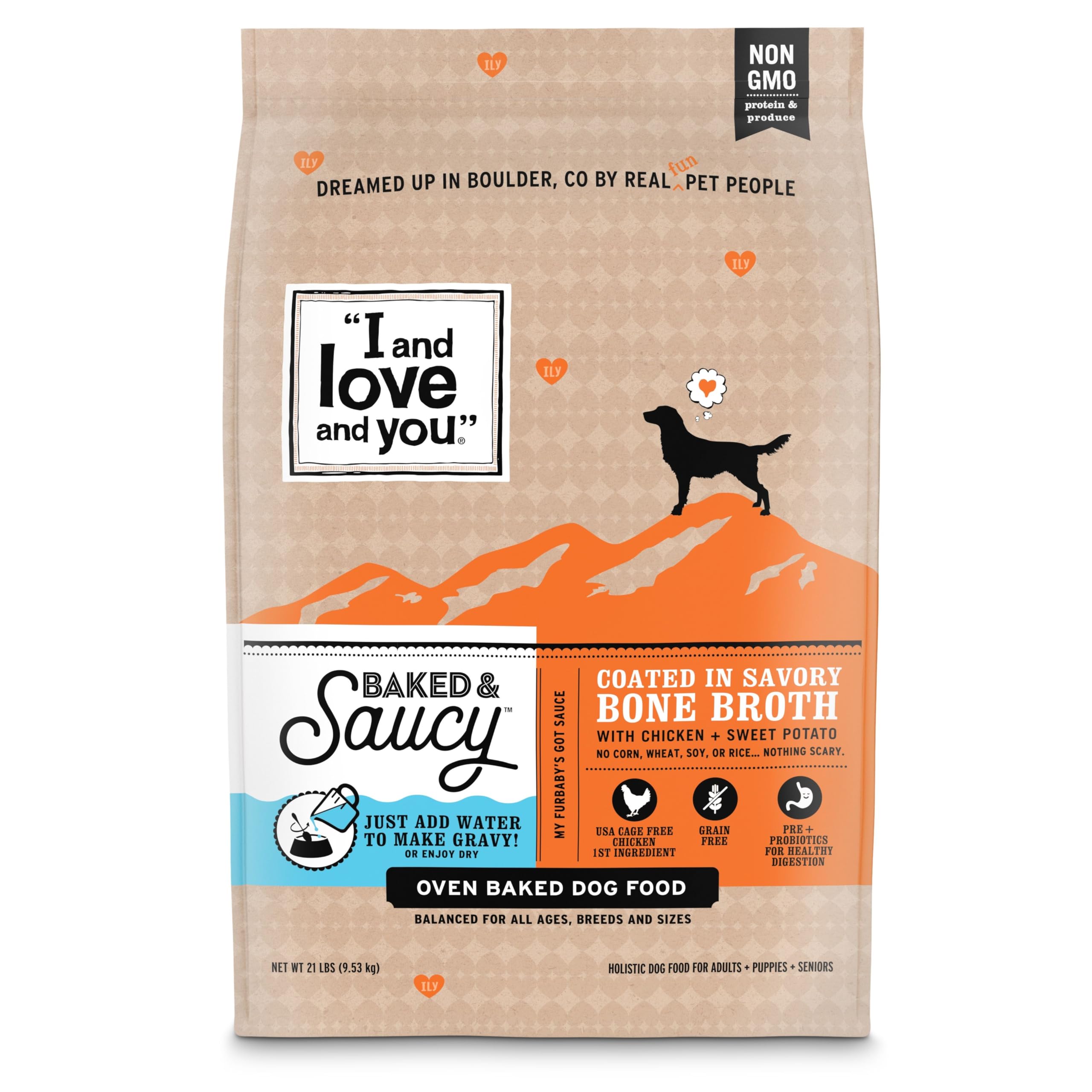 I AND LOVE AND YOU Baked and Saucy Dry Dog Food - Chicken + Sweet Potato - Prebiotic + Probiotic, Real Meat, Grain Free, No Fill