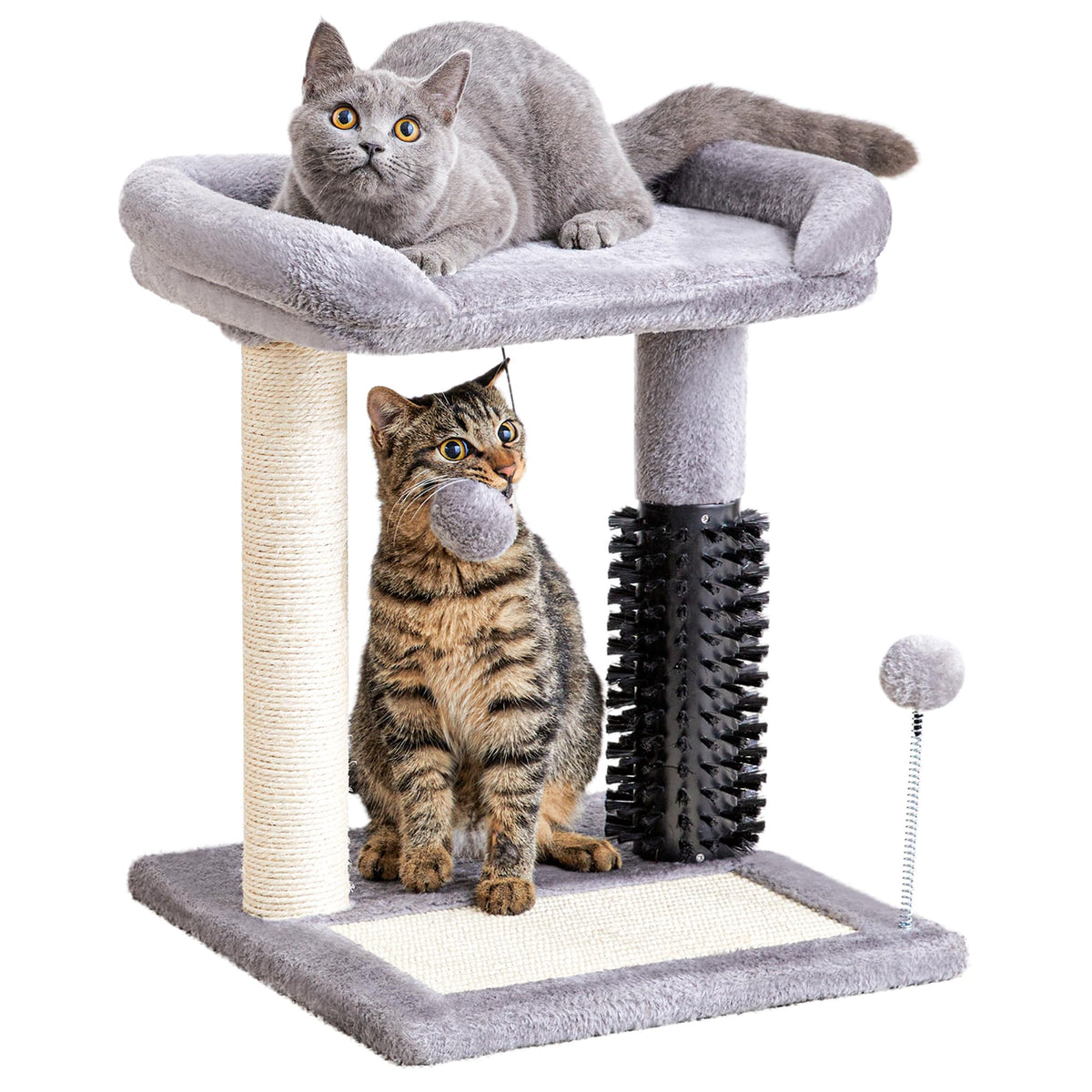 Made4Pets Small Cat Tree Tower, Cat Scratching Post 4-In-1 With Self Groomer Brush, 20'' Tall Natural Sisal Cat Scratcher, Soft 