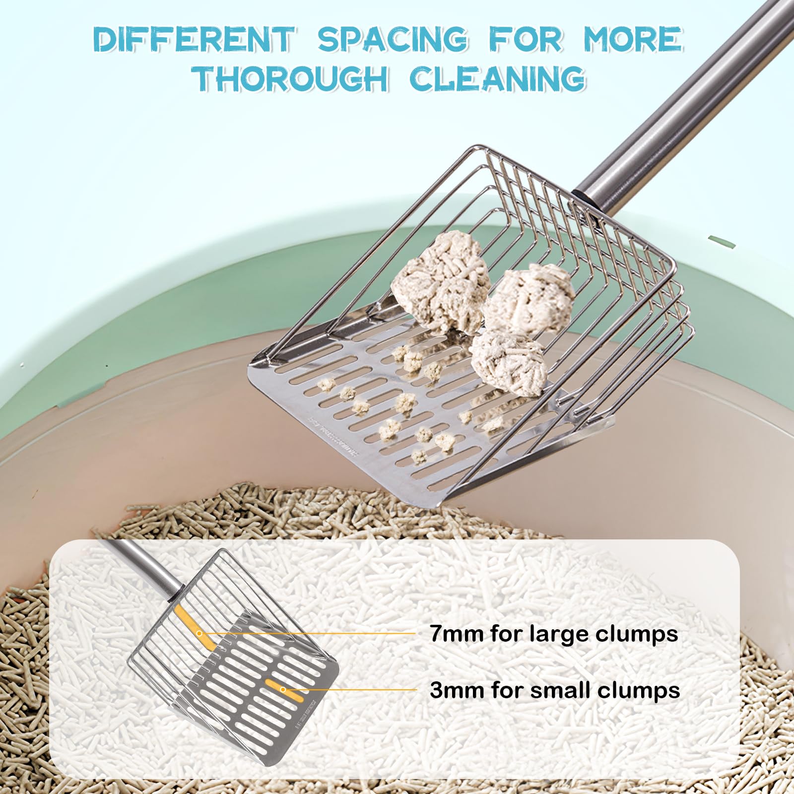 PETOCAT Metal Cat Litter Scoop with Holder Stainless Steel Kitten Poop Scooper, 17.5 Heavy Duty Pet Poop Sifter for Cat Box, Lon