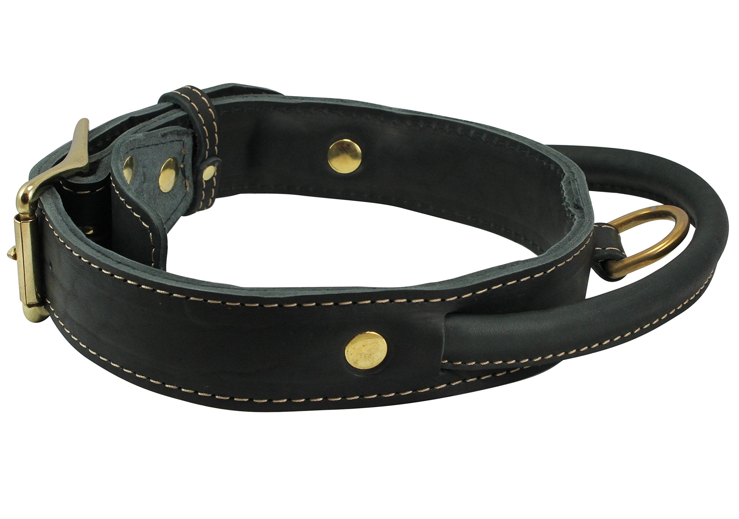 Genuine Leather Dog Collar, Rolled Leather Handle Black (Large: Neck: 18'-21')