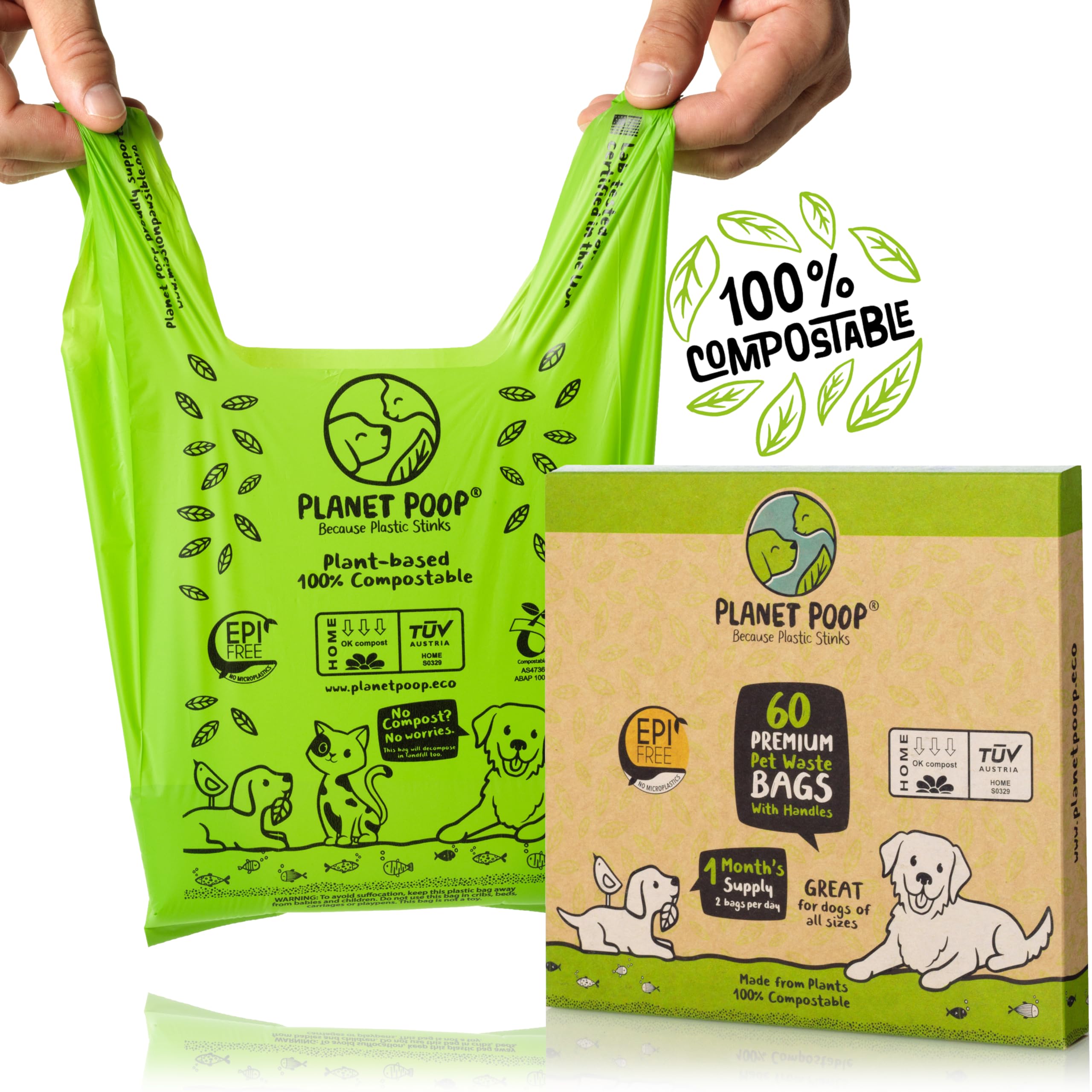 Planet Poop Home Compostable Dog Poop Bags With Handles, Large Single Roll 200 Grab & Go, Un-Scented Pet Waste Bag, Leakproof Fo