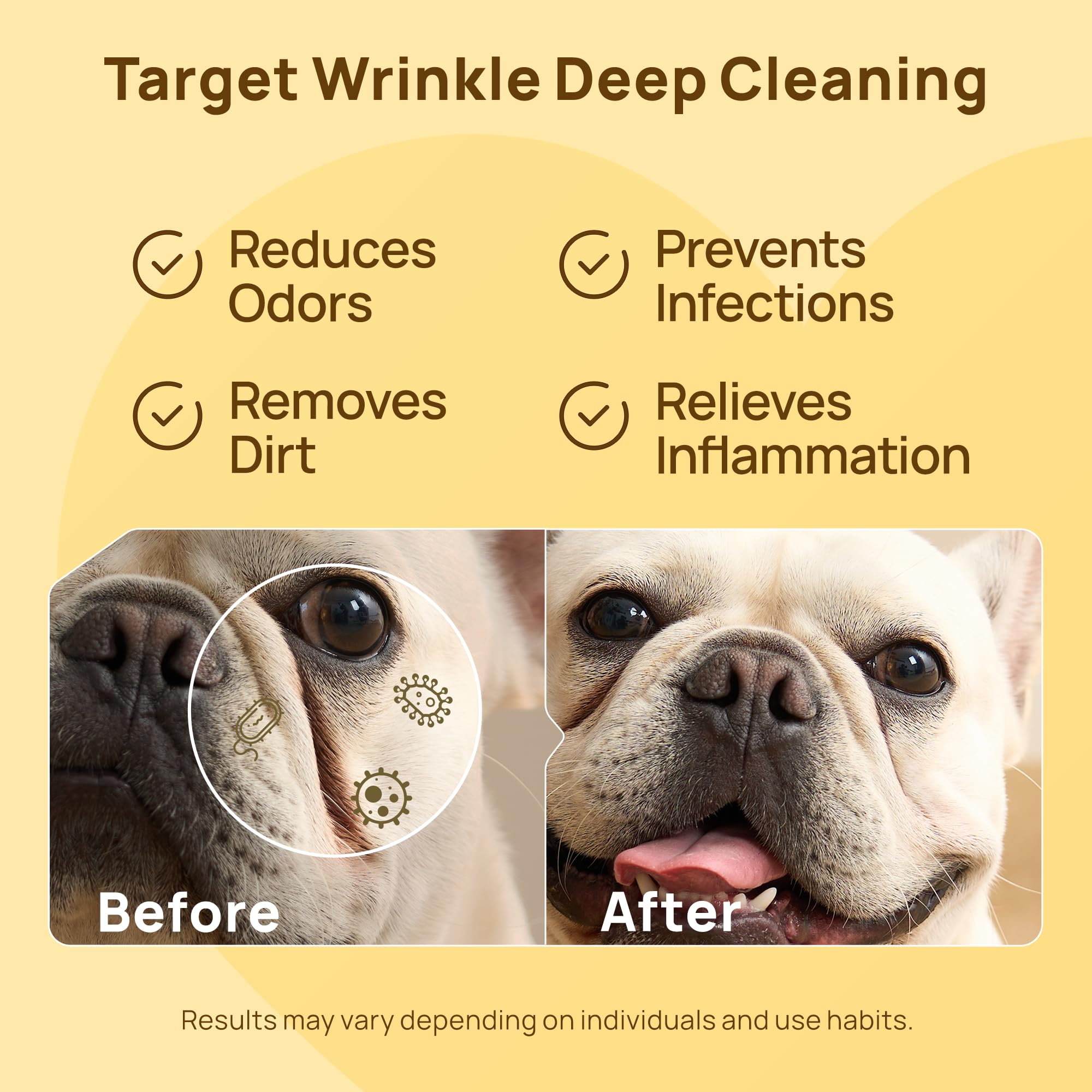 Hicc Pet Wrinkle Wipes For Dogs- 100 Count Hypoallergenic Wrinkle Wipes French Bulldog, Cleans Deodorizing, Anti-Itch Tear Stain