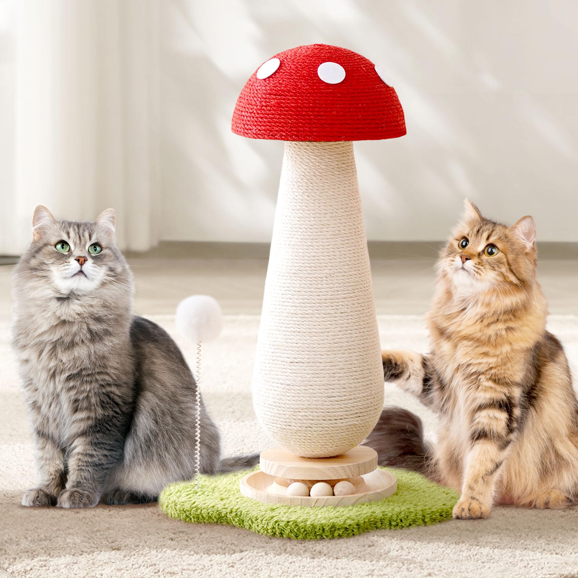 21.5 H Cat Scratching Post With Catnip,Cute Mushroom Cat Scratcher Post With Durable Natural Wooden Turntable Toy,Mushroom Shape