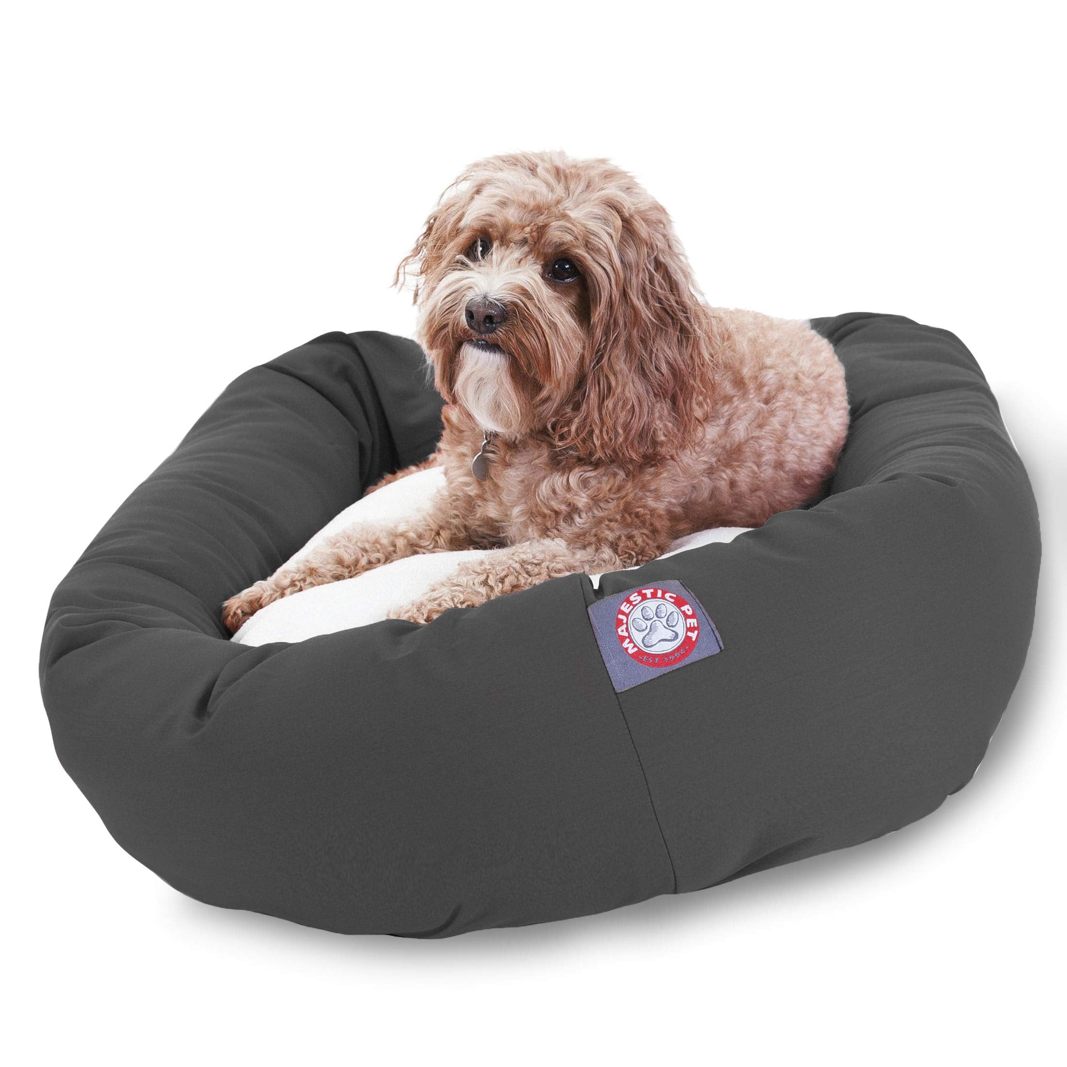 Majestic Pet 32 Inch Poly-Cotton Sherpa Calming Round Dog Bed - Washable, Soft, With Head Support - Fluffy Donut Design, Gray (3