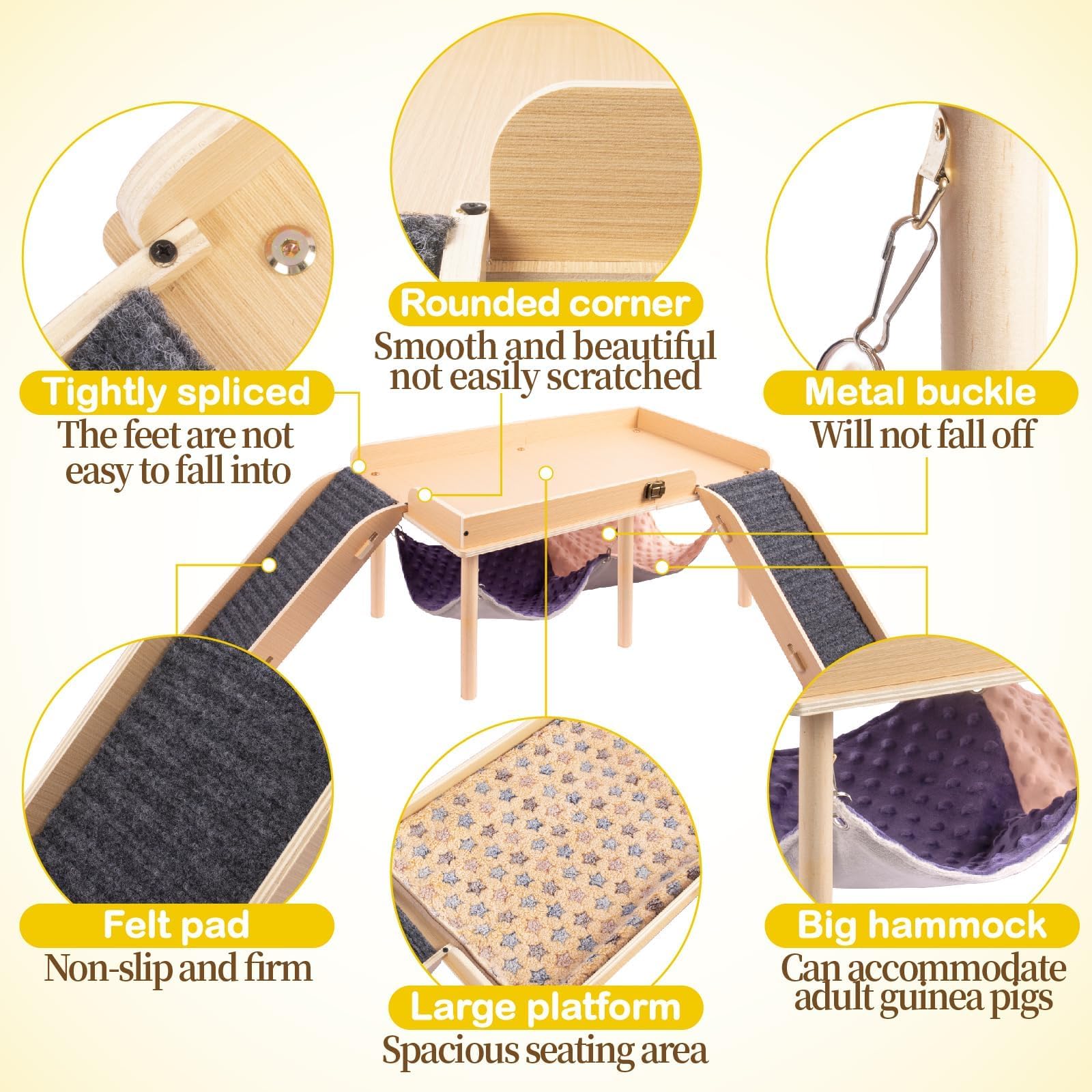 Besnew Enlarged Guinea Pig Hammock With Platform And Stairs,Wooden Foldable Piggies Hideout For Guinea Pigs Bunny Ferret Hamster