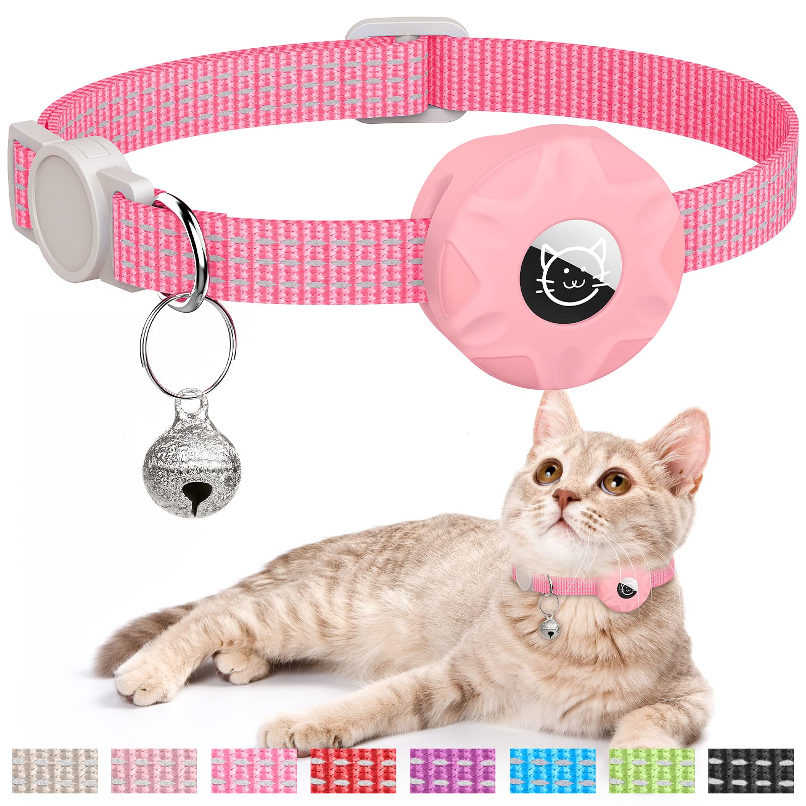 Airtag Cat Collar, Reflective Kitten Collar Breakaway Apple Air Tag Cat Collar, Gps Cat Collar With Airtag Holder And Bell, Lightweight Tracker Cat Collars For Girl Boy Cats Kittens Puppies(Pink)