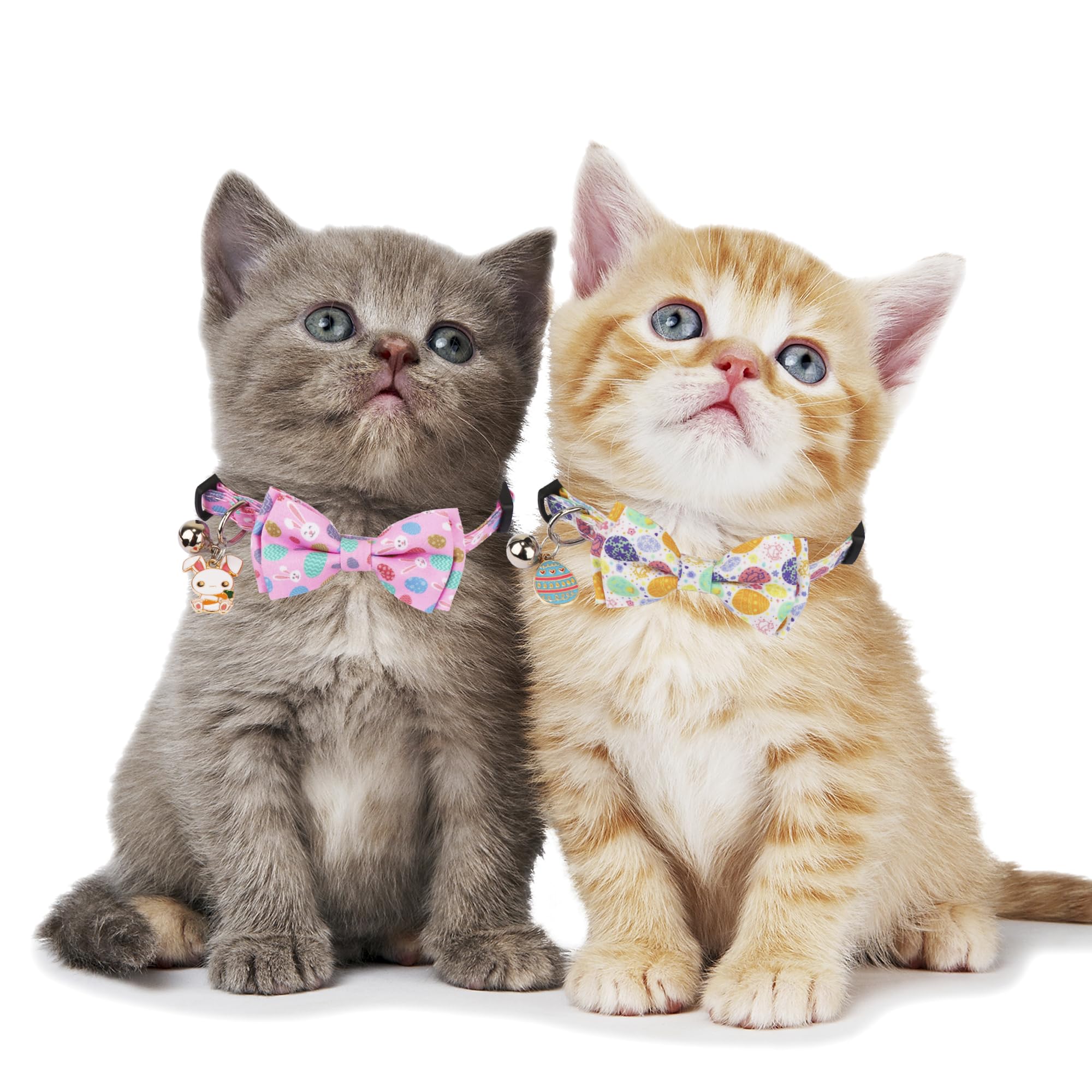 Adoggygo Easter Cat Collar Breakaway With Bow Tie Bell - 2 Pack Holiday Kitten Collar With Removable Bowtie, Cute White Pink Eas