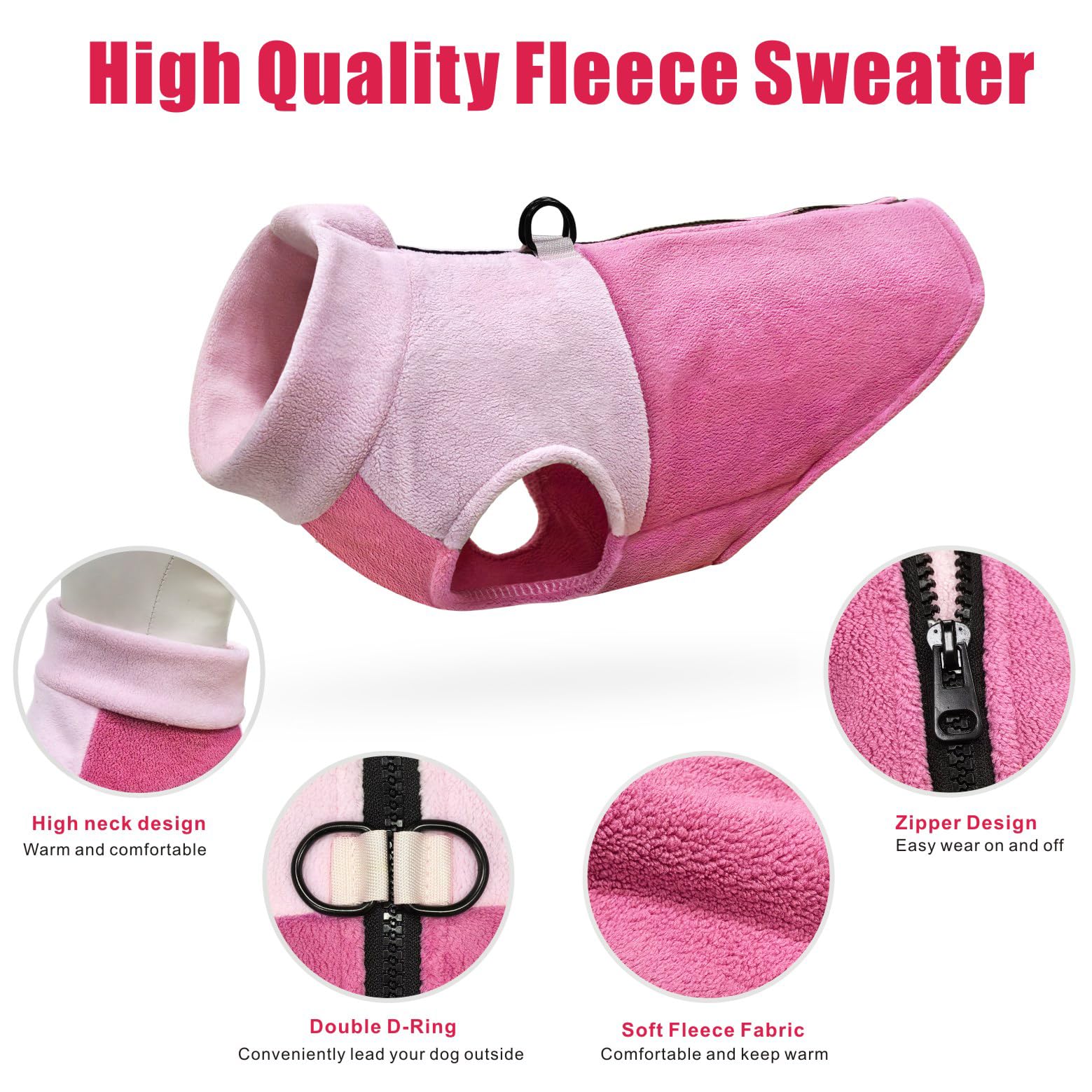 Idepet Dog Fleece Vest Sweater Zip Up Warm Pullover Dogs Jacket with D-Ring Leash Winter Cold Weater Coat Pet Sweatershirt Cloth