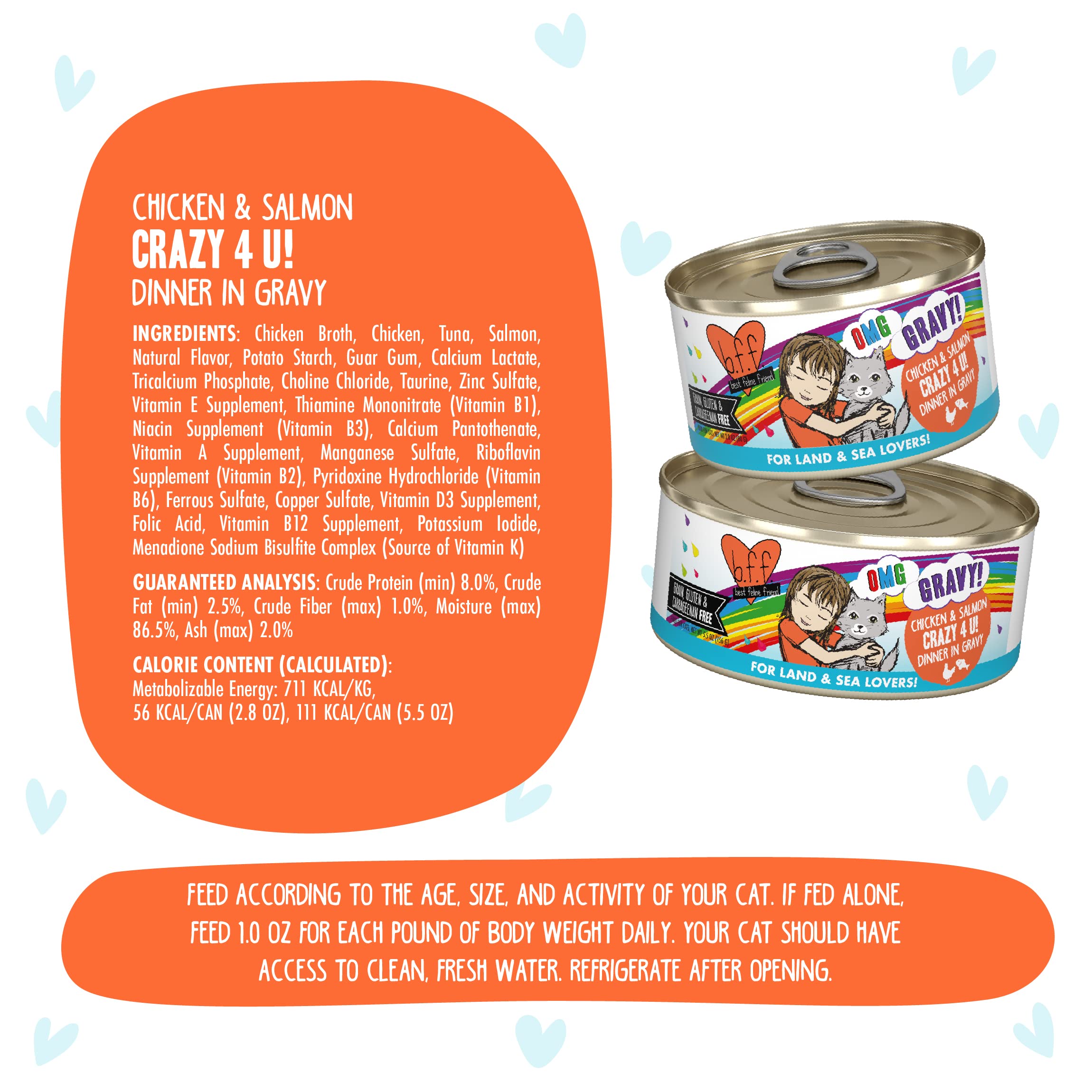 Weruva B.F.F. OMG - Best Feline Friend Oh My Gravy! Grain-Free Wet Cat Food Cans, Crazy 4 U! Chicken & Salmon, 5.5-Ounce Can (Pa