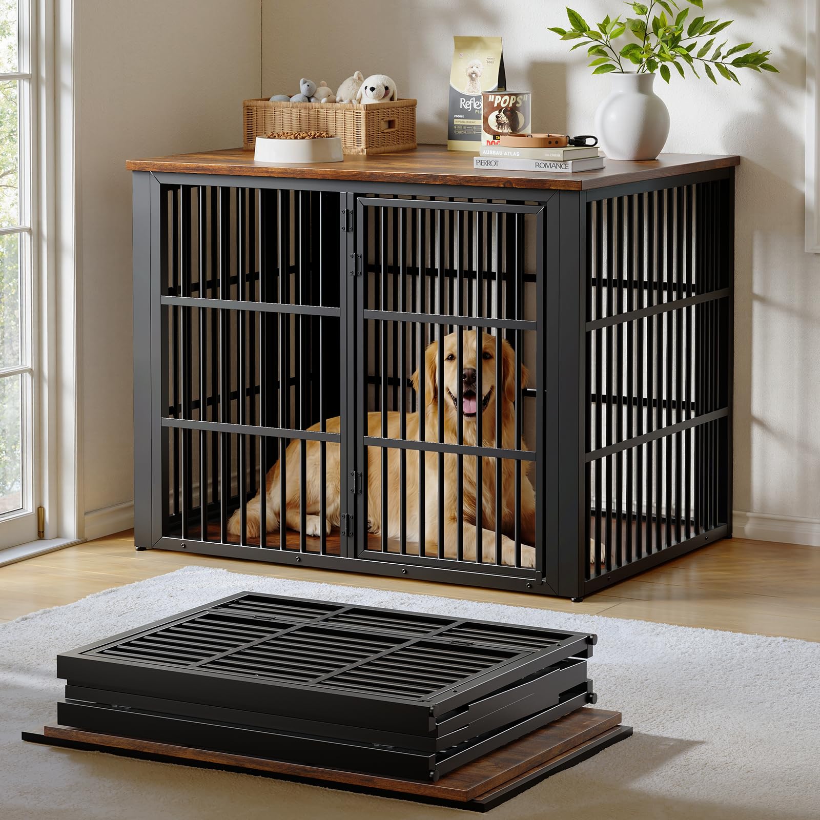 Lyromix 48 Foldable Dog Crate Furniture, Quick Assembly Large Dog Kennel Furniture for Medium and Large Breed, Chew-Proof XL Woo