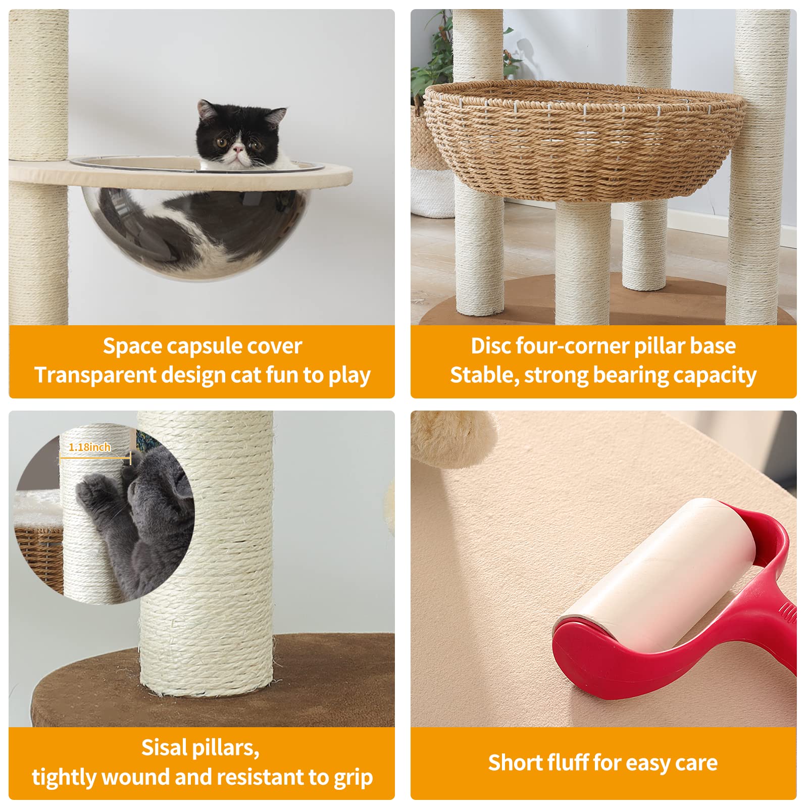 Hiyong Modern Tree Tower For Large Cats - Natural Sisal Luxury Condo, Hand Woven Wood Tower, Indoor Scratching Tree, New Lover G