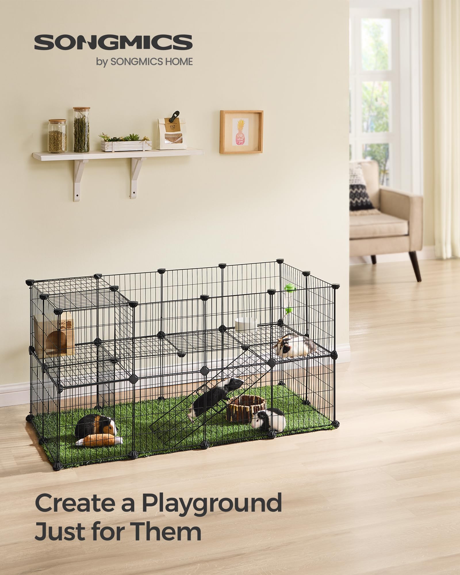 Songmics 36 Panels Pet Playpen, Small Animal Playpen, Rabbit Guinea Pig Cage, Zip Ties Included, Metal Wire Apartment-Style Two-