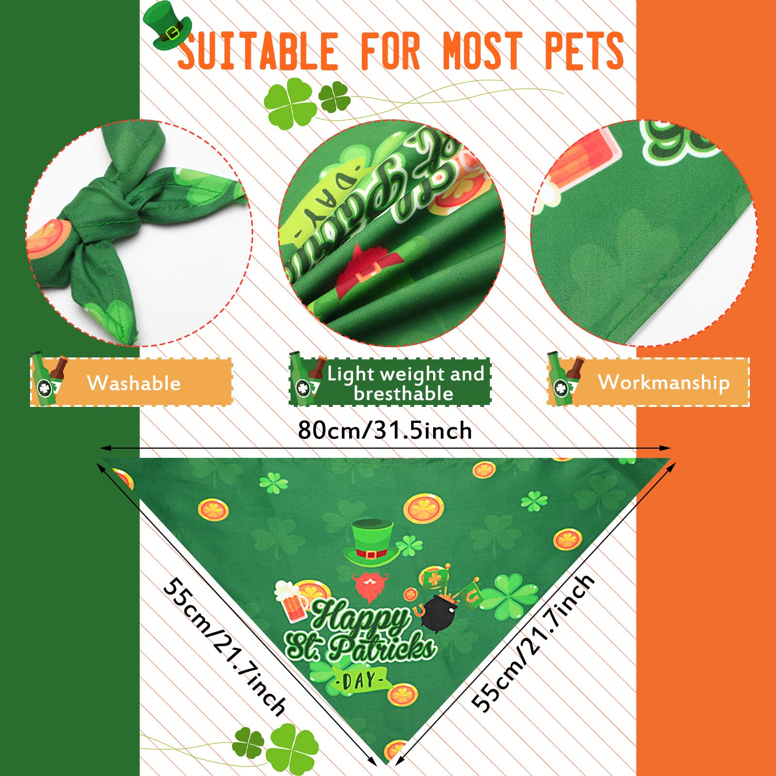 20 Pcs St. Patrick'S Day Dog Bandana Pet Scarf Washable Triangle Bibs Shamrock Scarfs Adjustable Pet Triangle Washable Kerchief