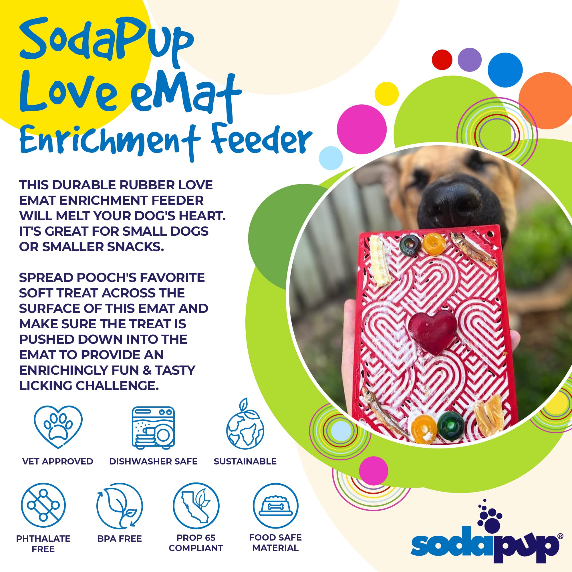 SodaPup Love eMat - Durable Lick Mat Feeder Made in USA from Non-Toxic, Pet-Safe, Food Safe Rubber for Mental Stimulation, Avoid