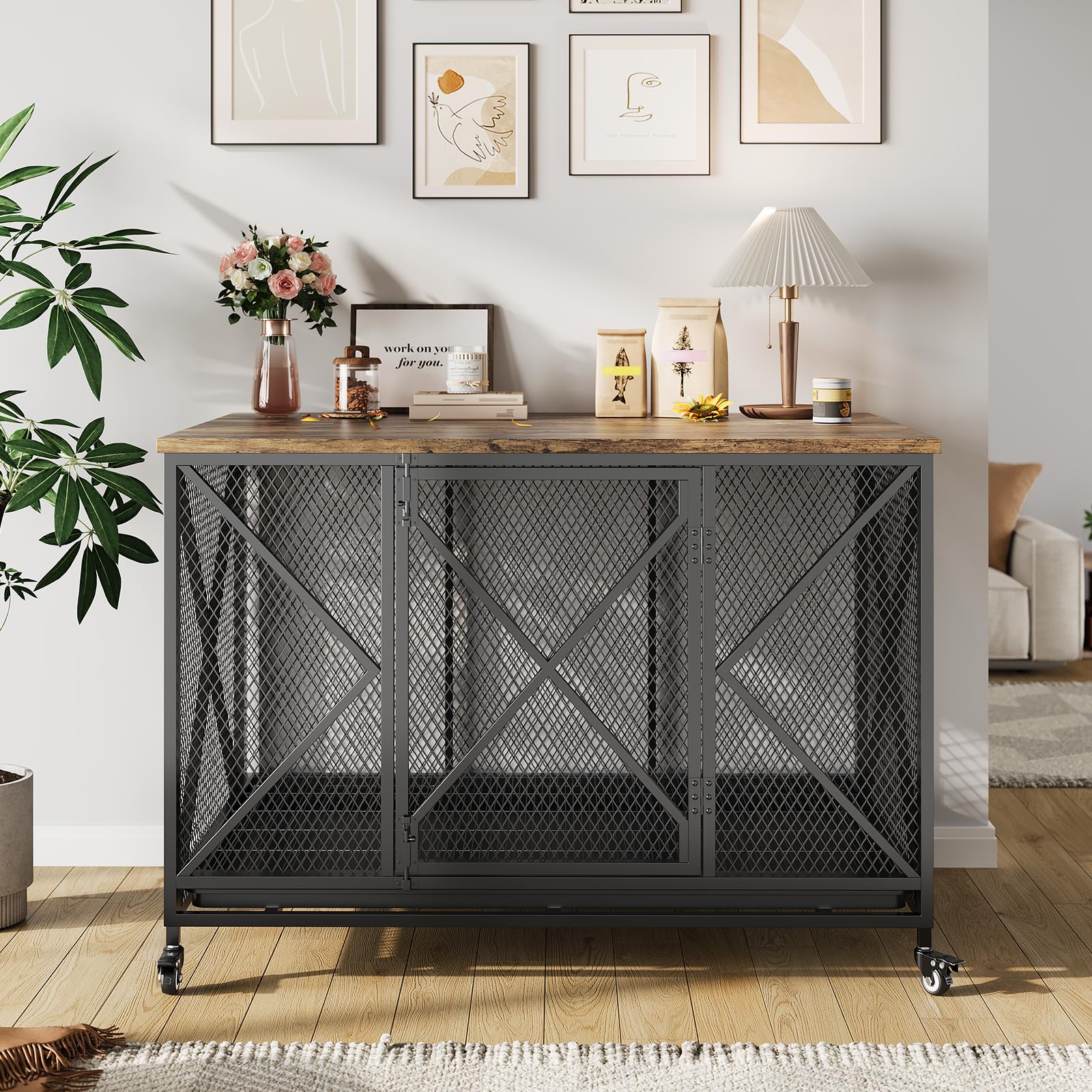 GarveeLife 48 in Heavy Duty Dog Crate Furniture with Wheels, Flip Top Dog Kennel End Table with Removable Tray, Multi-Functional