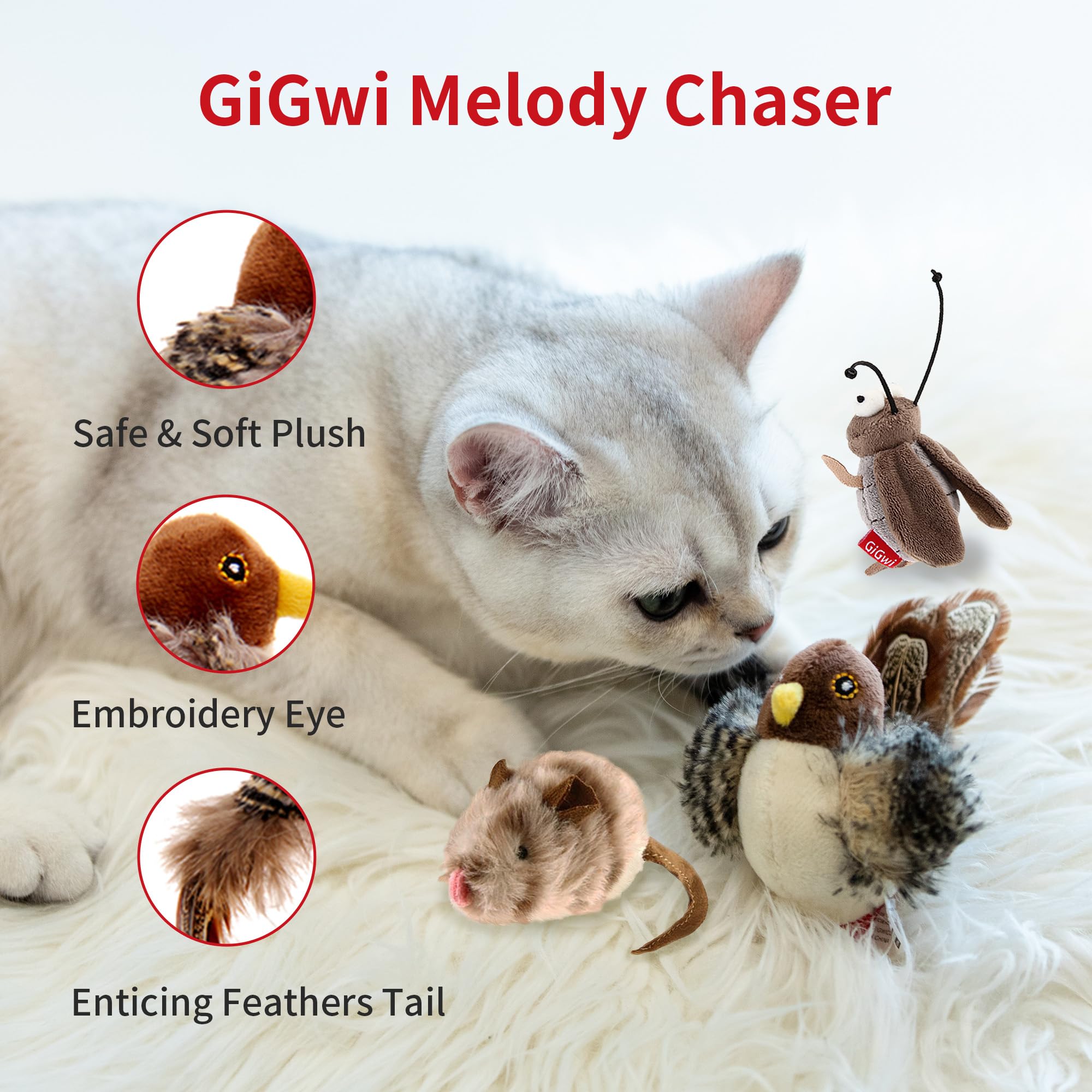 Petgeek Gigwi Simulated Chirping Bird Cat Toy, Fake Interactive Cat Toys For Indoor Cats, Feather Toy With Hanging Loop For Bore