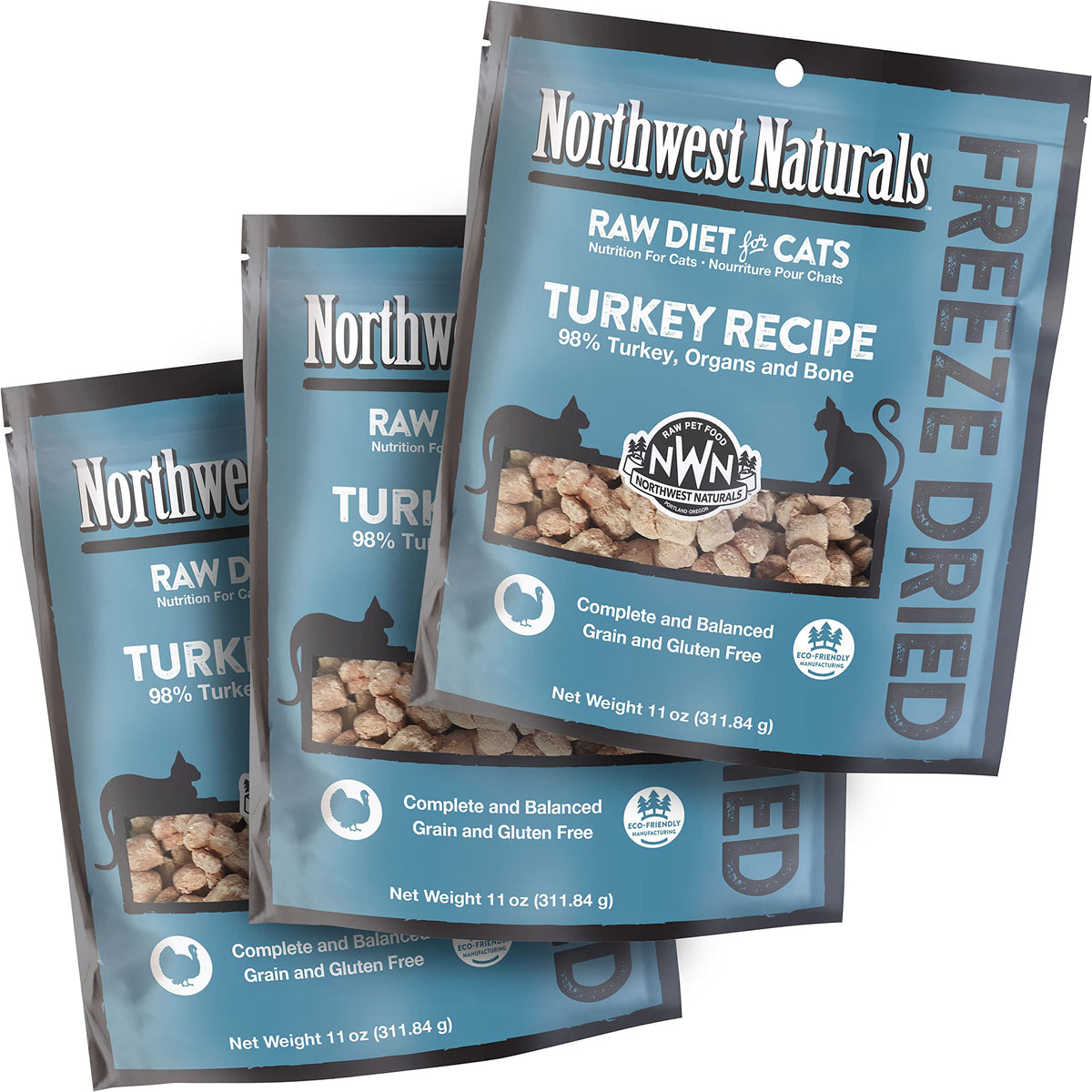 Northwest Naturals Freeze Dried Diet For Cats - Turkey Cat Food - Grain-Free, Gluten-Free Pet Food, Cat Training Treats - 11 Oz (3 Pack)