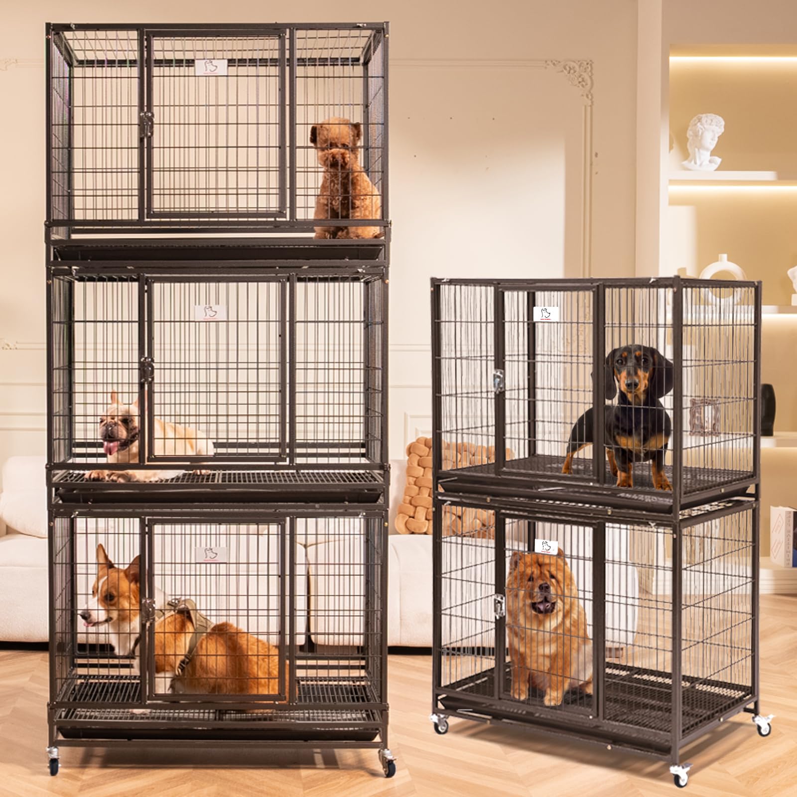 Homey Pet Three Levels 37 Inch Dog Crate, Escape Proof Dog Cage Kennel Indoor With Top Access And Lockable Wheels, Removable Tra