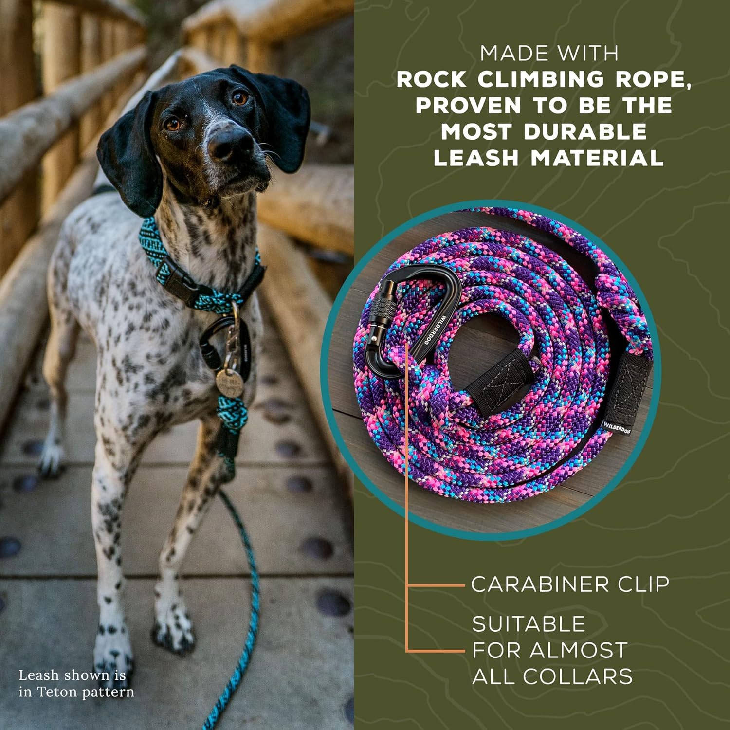 Wilderdog Carabiner Climbing Rope Dog Leash For Medium & Large Dogs - 10Ft - Cascade
