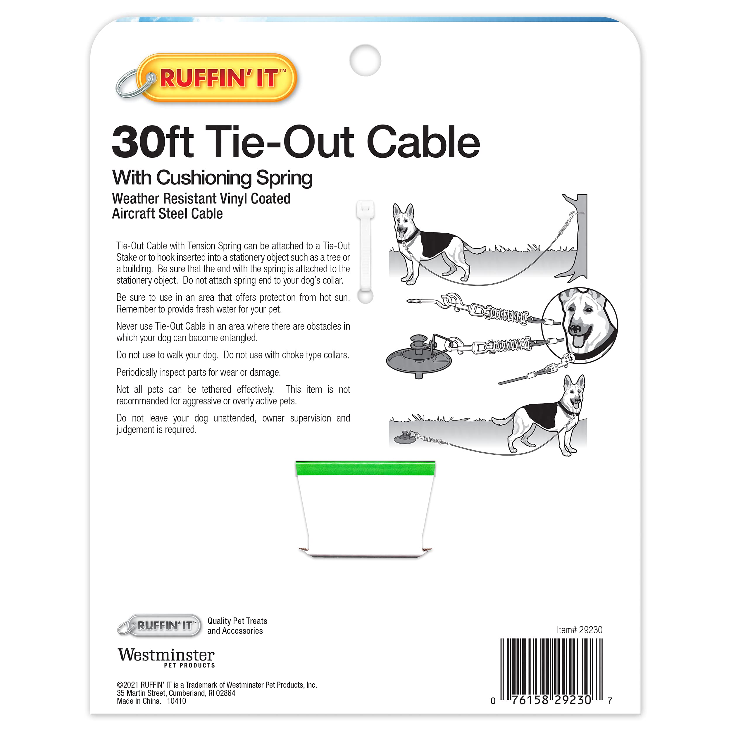 Ruffin' It Heavy Duty 30 Ft. Cable Tie-Out For Dogs, 1700# Strength For Dogs Up To 100 Lbs., 30Ft Cable, Mutli