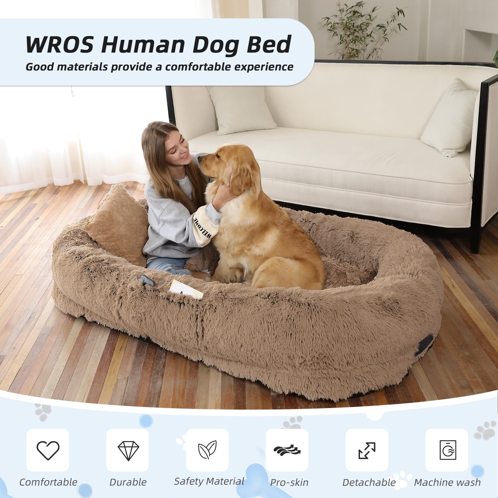Wros Human Dog Bed, Large Dog Beds For Humans Size Fits You And Pets, Washable Faux Fur Orthopedic Human Dog Bed For People Doze