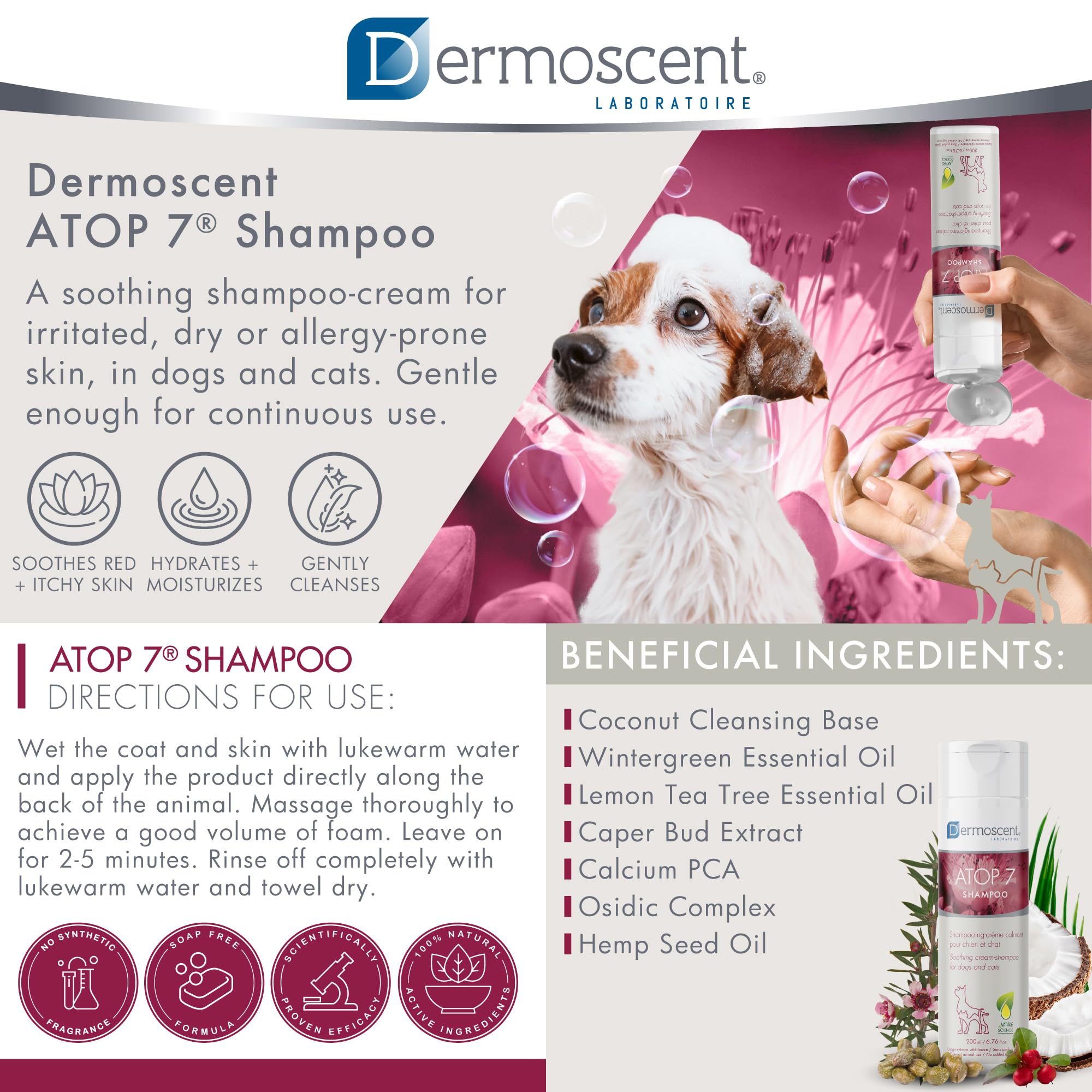 Dermoscent Atop 7 Shampoo For Dogs & Cats - Allergies & Itchy Skin Relief - Natural Ingredients - Helps Soothe Dermatitis & Atop