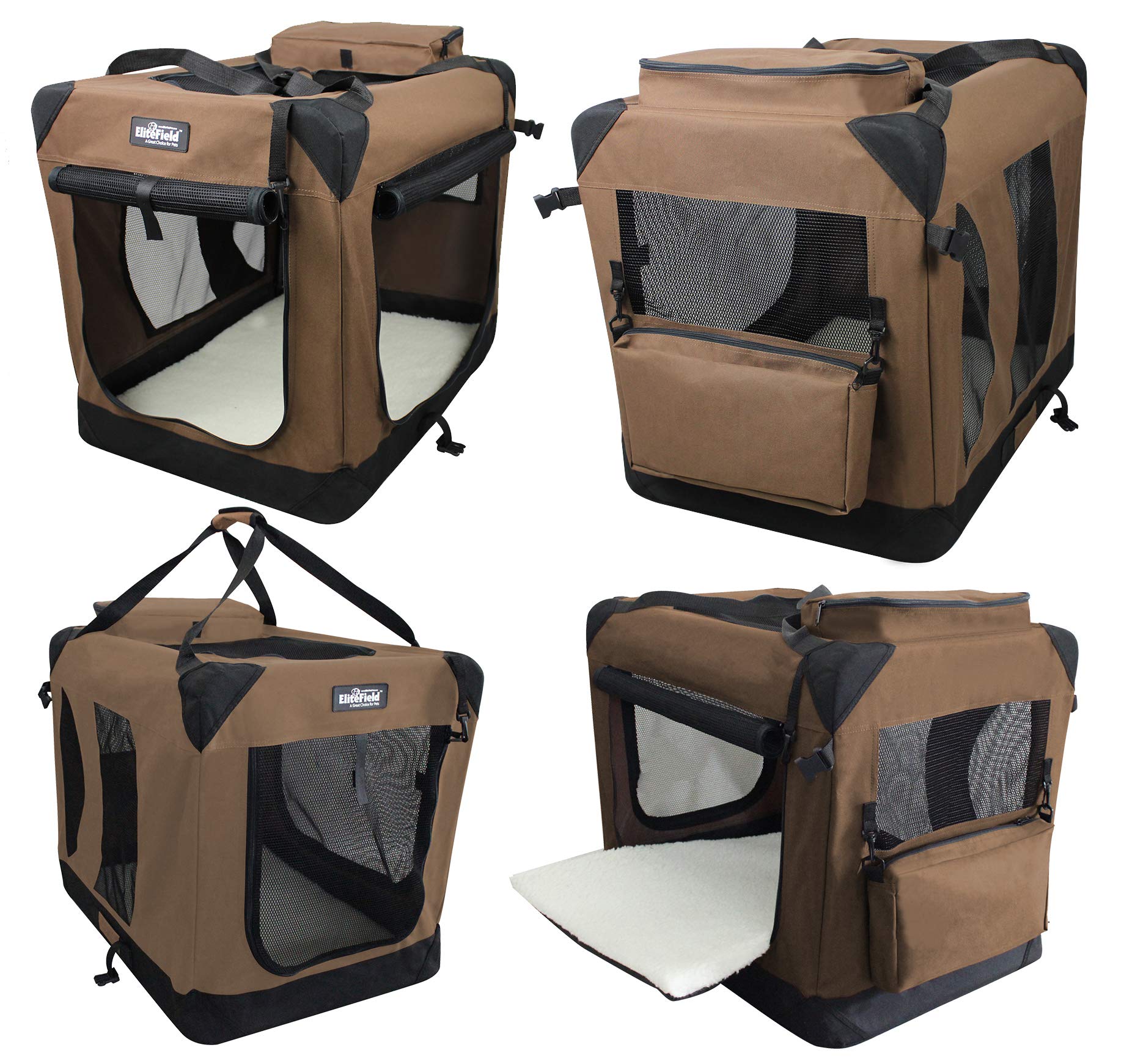 Elitefield 3-Door Folding Soft Dog Crate With Carrying Bag And Fleece Bed (2 Year Warranty), Indoor & Outdoor Pet Home (30' L X 21' W X 24' H, Brown)