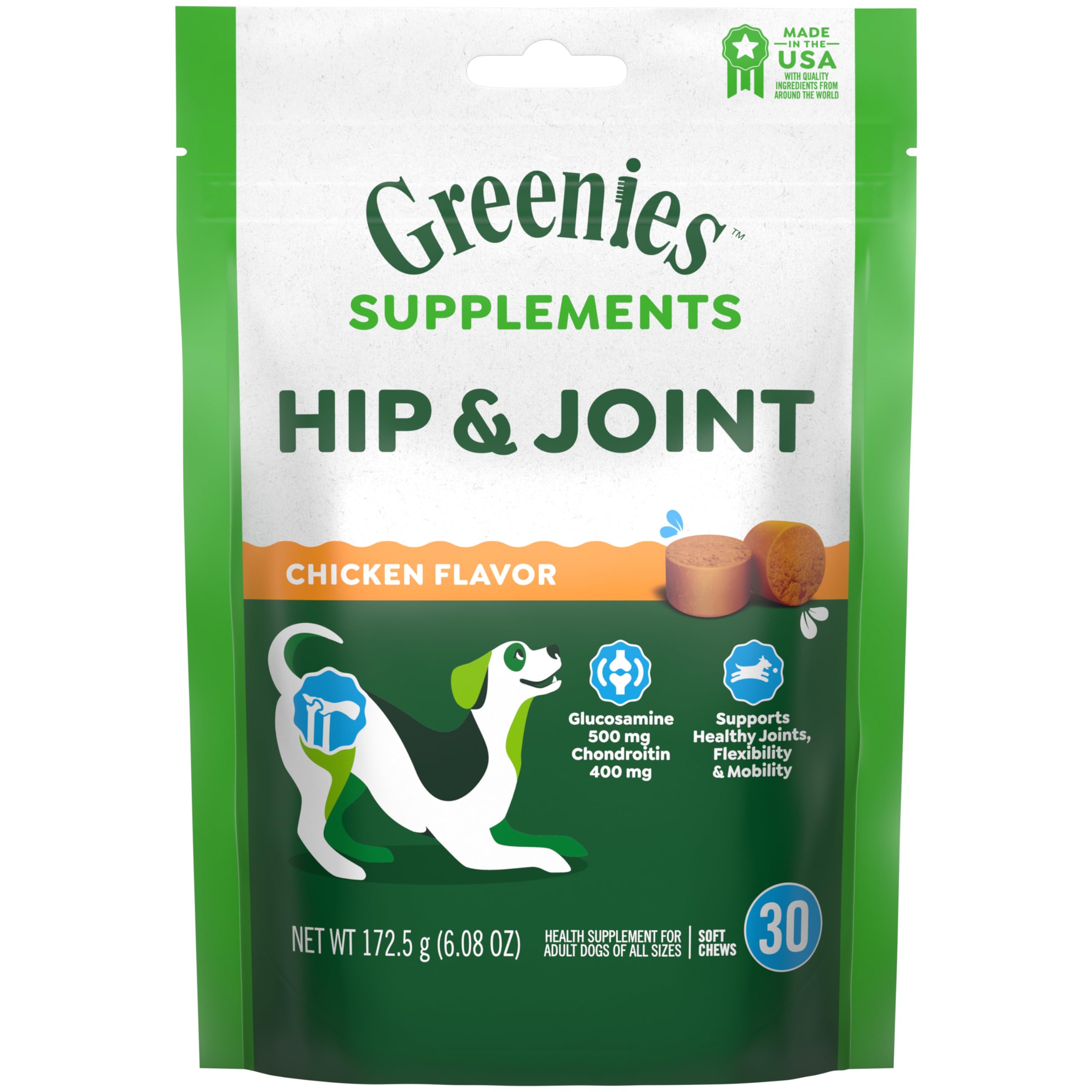Greenies Supplements Hip and Joint Supplements for Dogs, Chicken Flavor, 6.08 oz. 30-Count