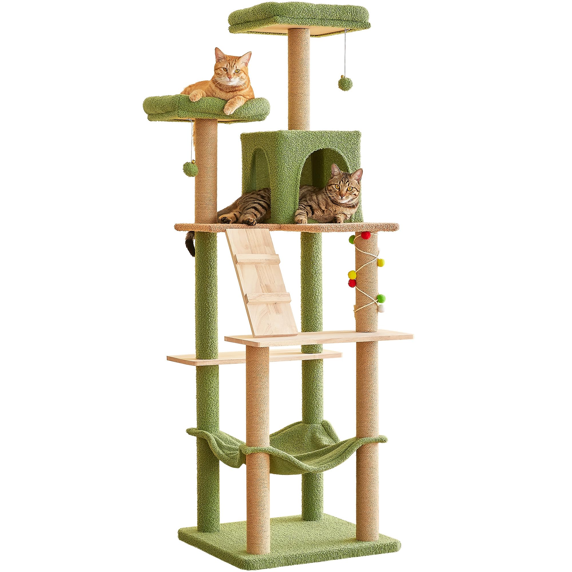 Mwpo Green Modern Cat Tree, 70.1-Inch Large Wood Cat Tower For Indoor Cats, Multi-Level Tall Cat Condo With 2 Padded Perches, Ha