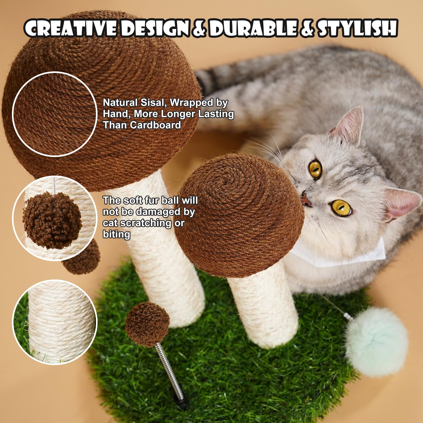 Odoland Cat Scratching Post Mushroom Natural Sisal Board Scratcher For Kitten Health And Good Behavior, Furniture Scratch Deterrent Accessories For Cats And Kitten Brown