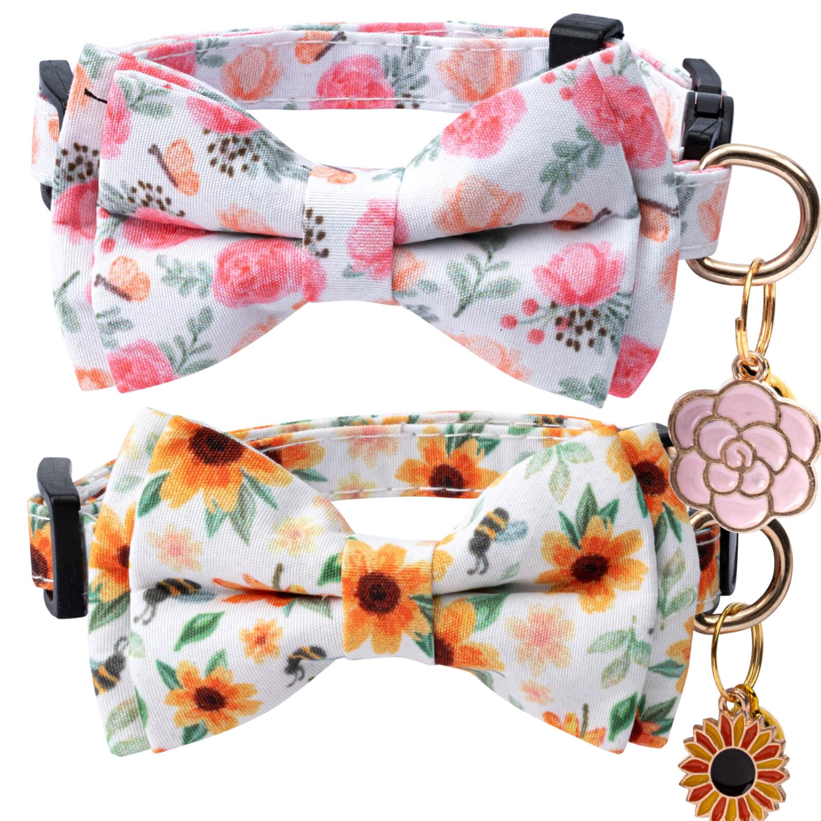 Jelwuion 2 Pack Cotton Cat Collar With Bow Tie And Bell For Girl Boy Cats,Cute Pink Flower And Yellow Sunflower Pattern Spring S