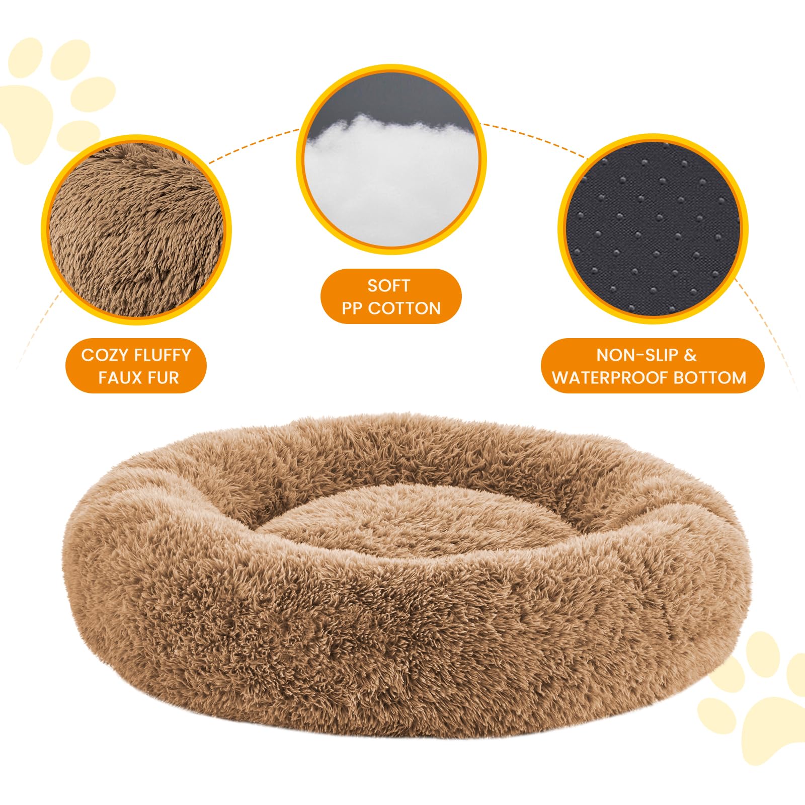 Urgvanz Pet Calming Dog Beds For Large Dogs, Faux Fur Donut Cuddler Dog Bed, Round Fluffy Pillow, Washable Pet Bed For Dogs Up T