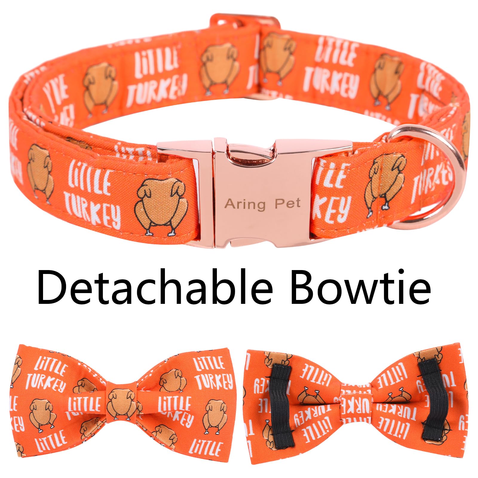 Aring Pet Thanksgiving Dog Collar - Cotton Turkey Dog Collar With Bow, Adjustable Fall Orange Turkey Puppy Collars With Metal Bu