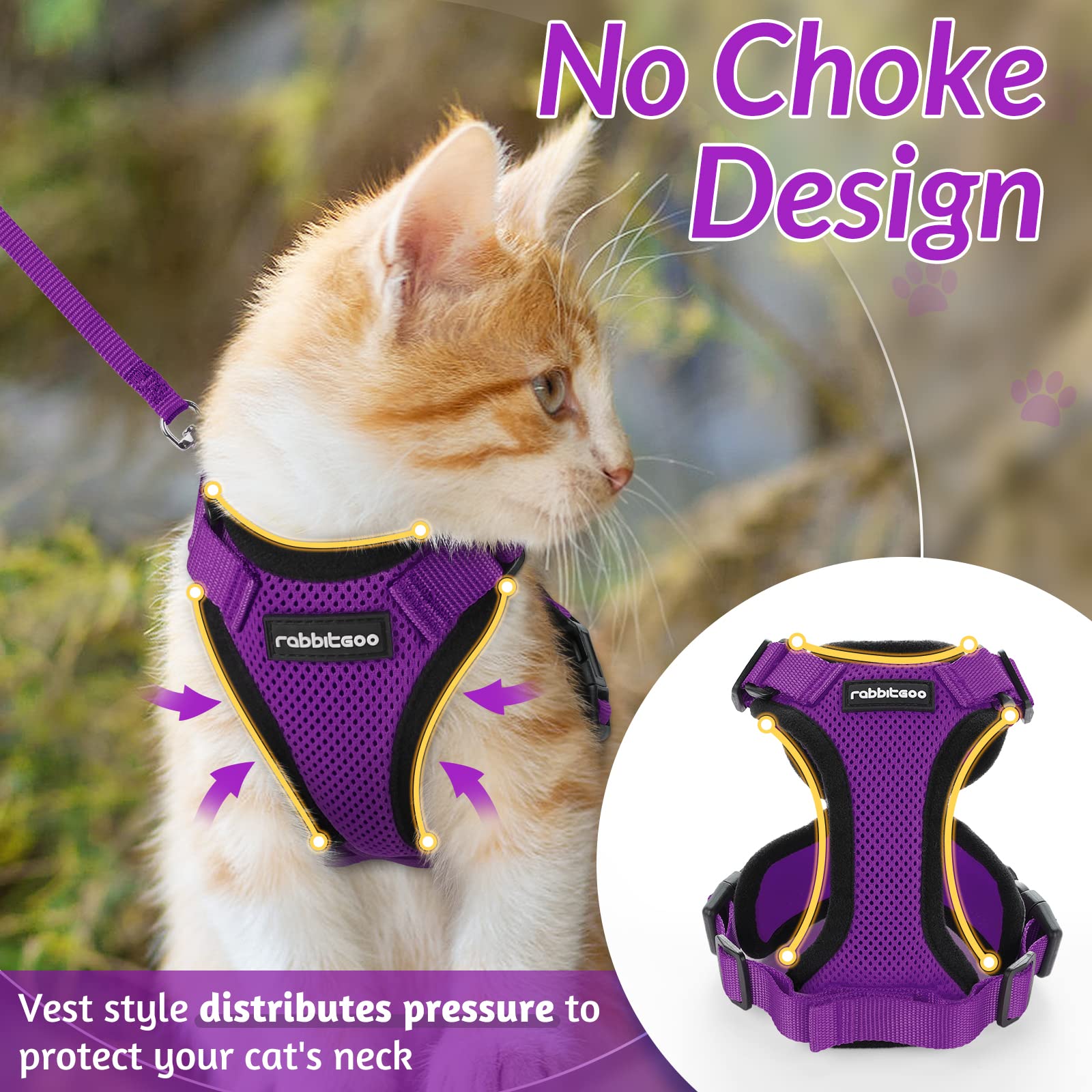 Rabbitgoo Cat Harness And Leash For Walking, Escape Proof Soft Adjustable Vest Harnesses For Cats, Easy Control Breathable Reflective Strips Jacket, Purple, Xs