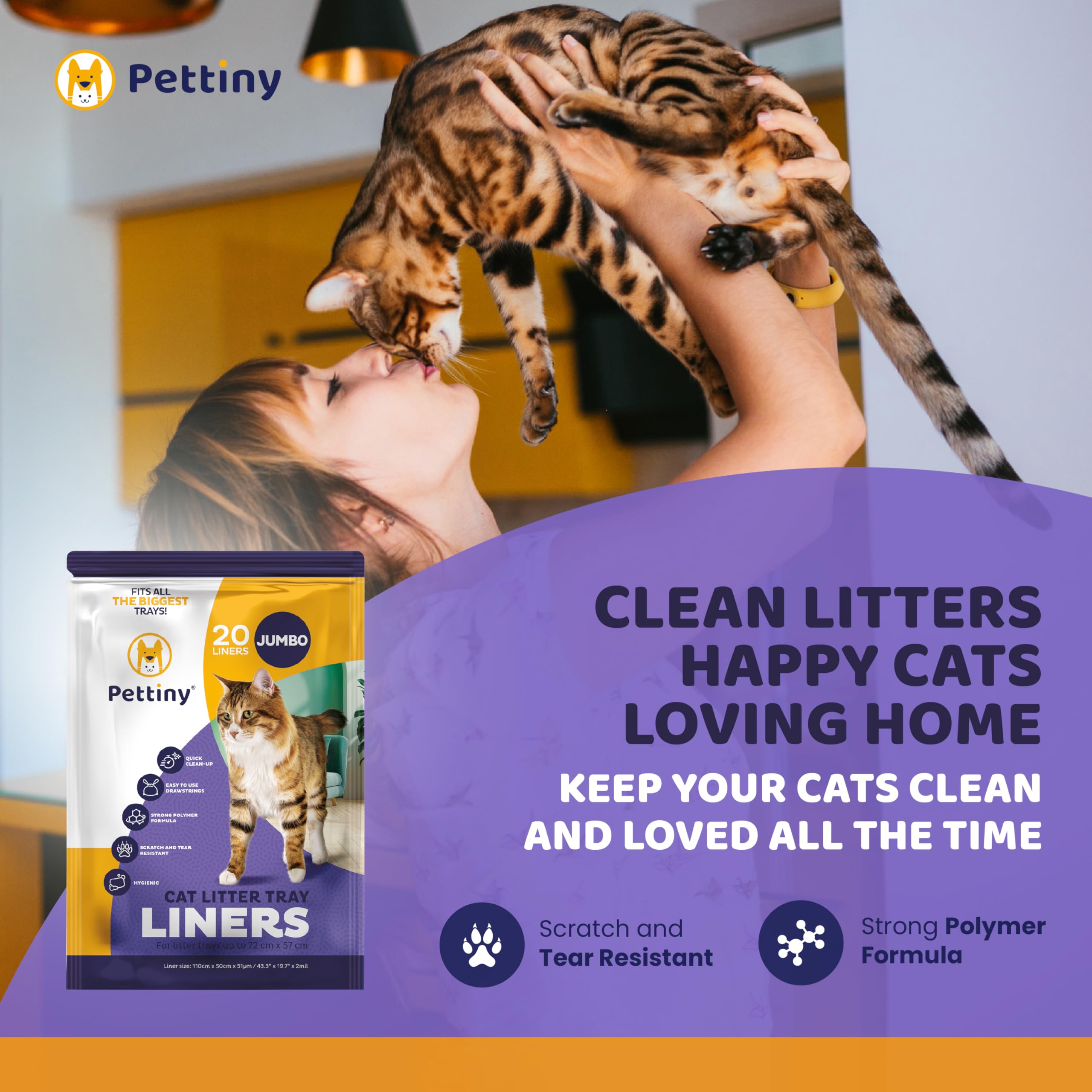 Pettiny 20 Jumbo Litter Box Liners With Drawstrings - Scratch Resistant Cat Litter Bags For The Biggest Litter Pan