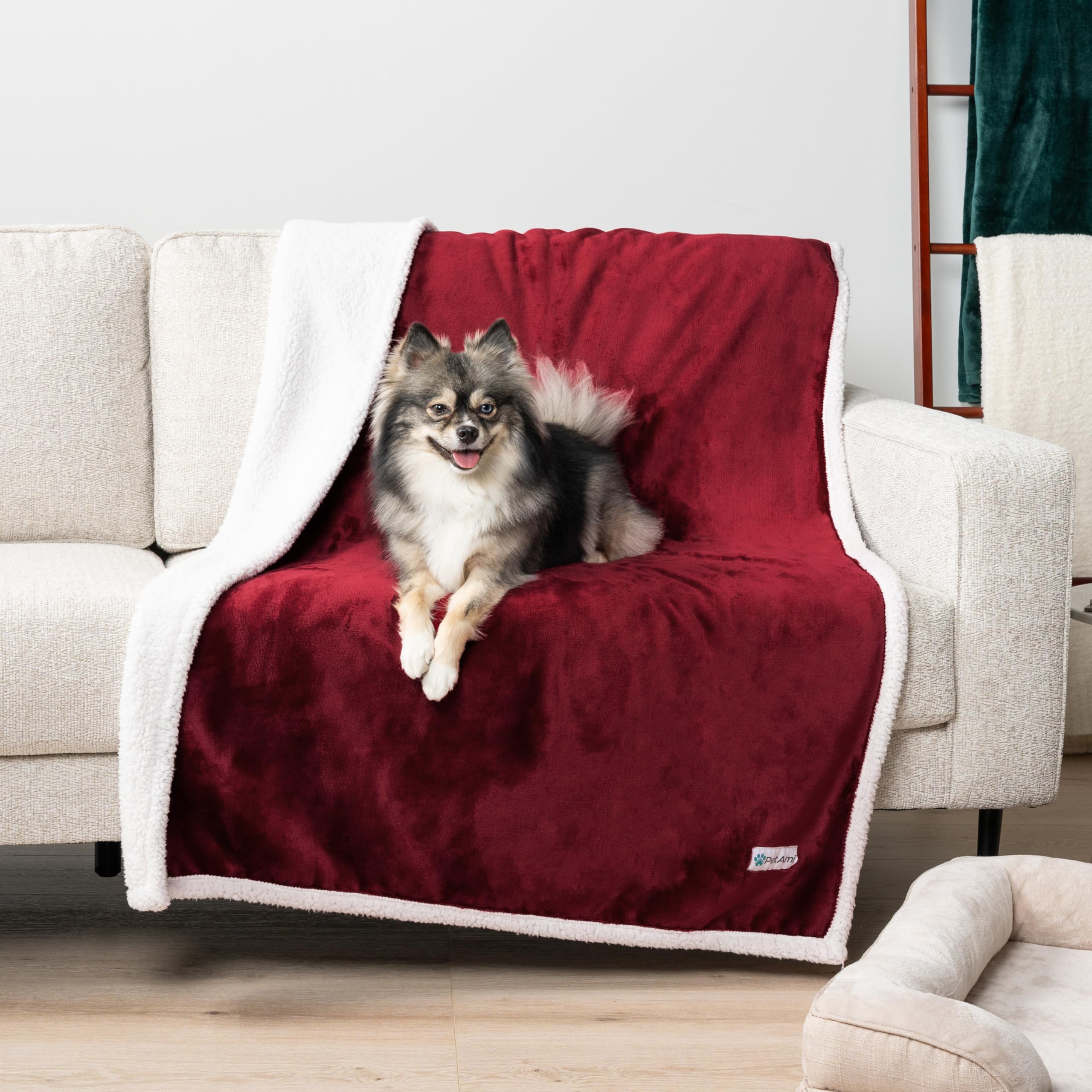 Petami Waterproof Dog Blanket For Medium Large Dog, Pet Puppy Blanket Couch Cover Protection, Sherpa Fleece Cat Blanket, Sofa Bed Furniture Protector Reversible Soft Plush Washable, 60X40 Wine Red