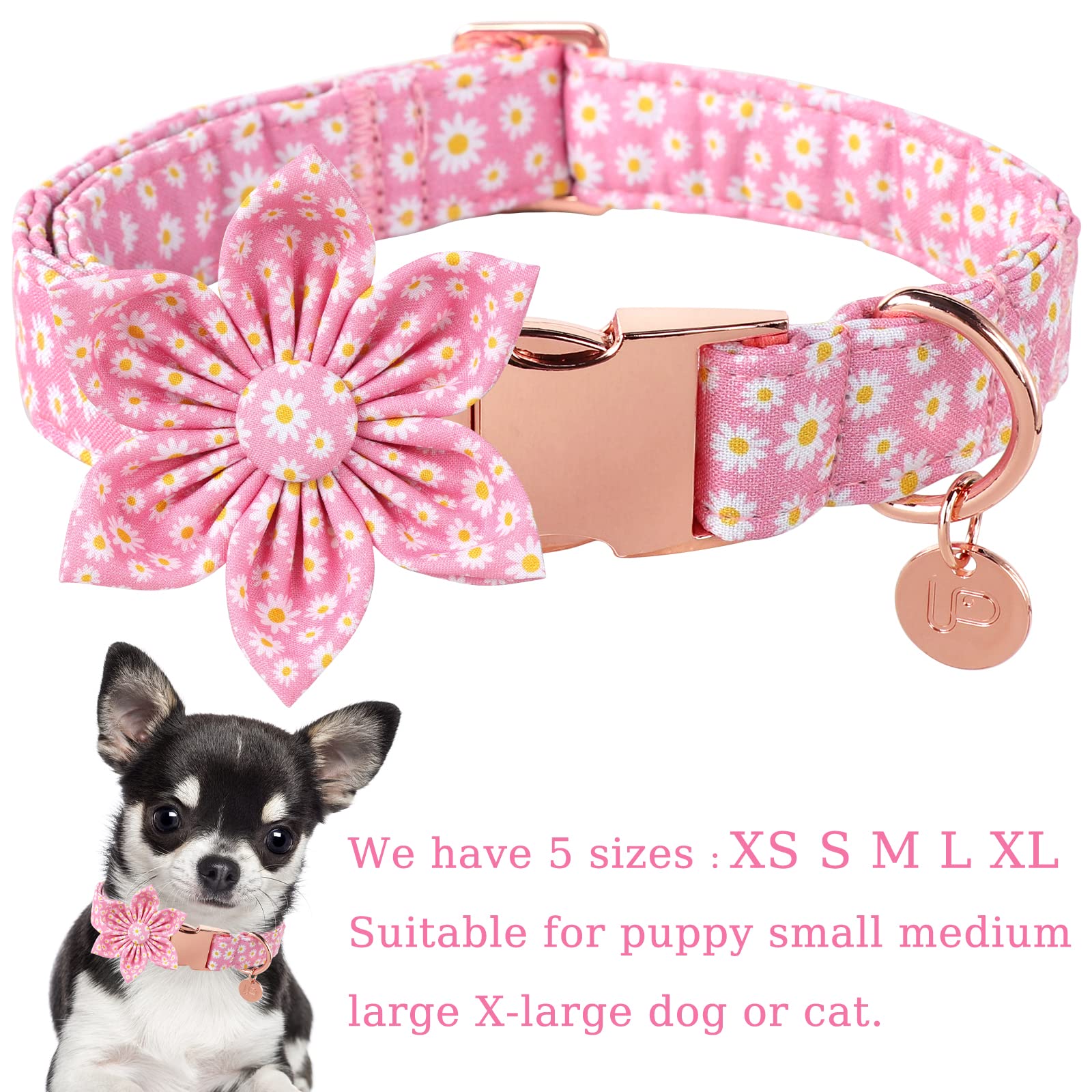 Up Urara Pup Summer Dog Collar With Pink Daisy Flower, Medium, Pink, Cotton, Buckle Closure