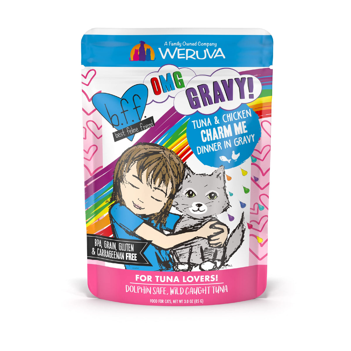 Weruva B.F.F. Omg - Best Feline Friend Oh My Gravy! Tuna & Chicken Charm Me With Tuna & Chicken In Gravy Cat Food, 3Oz Pouch (Pack Of 12)