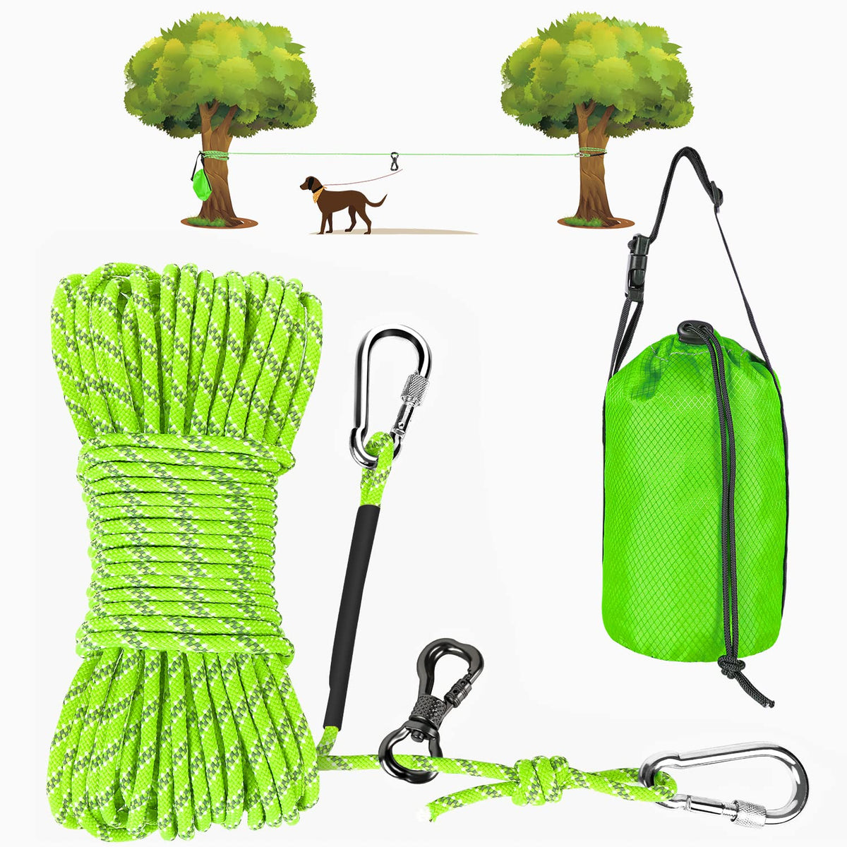 Xiaz Dog Tie Out Cable For Camping, 75Ft Portable Overhead Trolley System For Dogs Up To 300Lbs,Dog Lead For Yard, Camping, Parks, Outdoor Events,5 Min Set-Up, Green