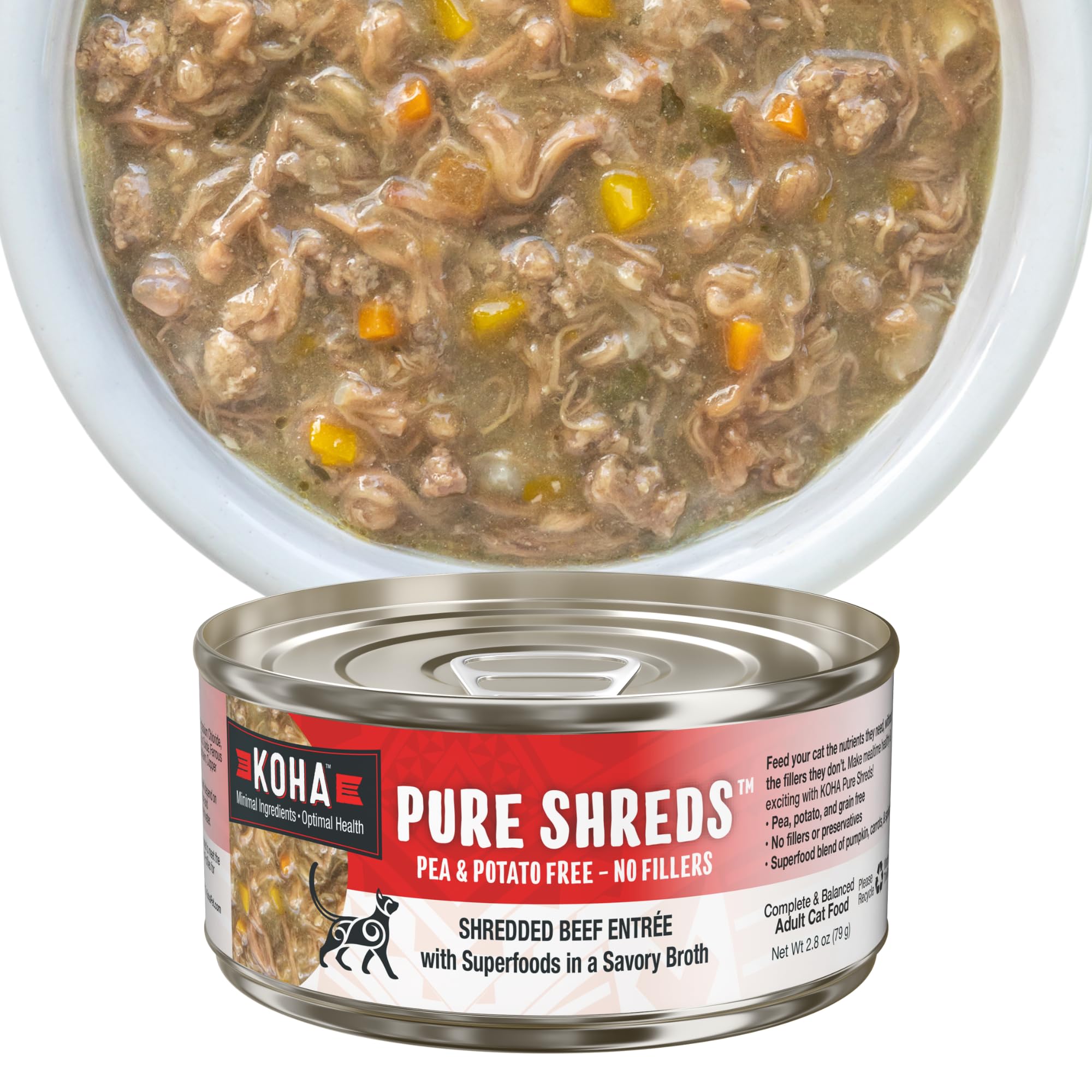 KOHA Pure Shreds Beef Entr  e for Cats, Single Meat Wet Cat Food, 2.8oz Cans (Pack of 24)