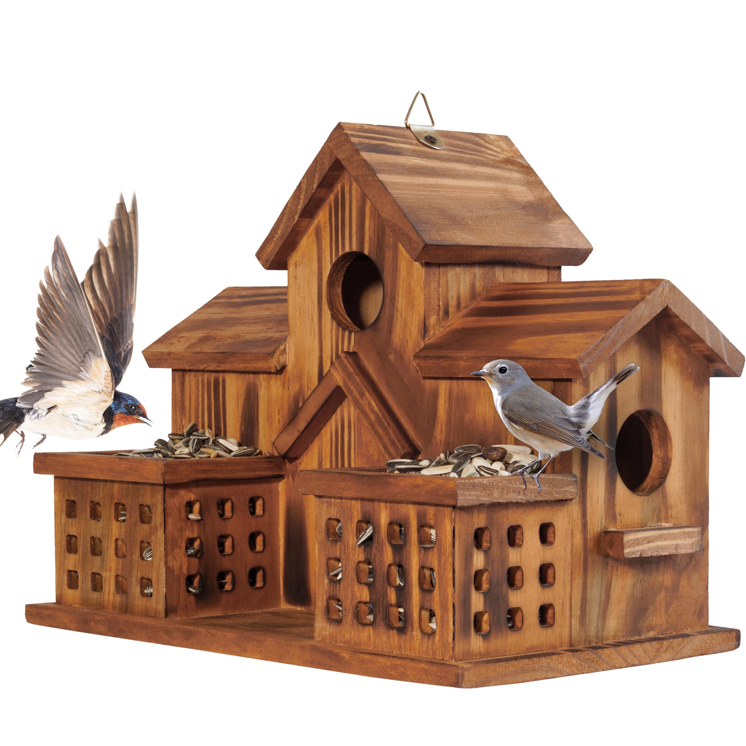 MIXUMON Bird Houses for Outside with Bird Feeder, Outdoor 3 Hole Bird House Room for 3 Bird Families Bluebird Finch Cardinals Ha