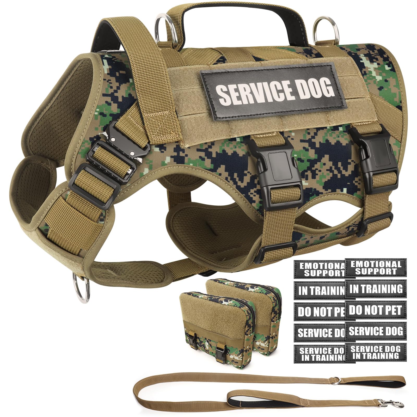 Winsee Tactical Dog Harness With Dog Leash, Service Working Molle Vest With 10 Pet Patches For Dog, No Pull Military Harness And