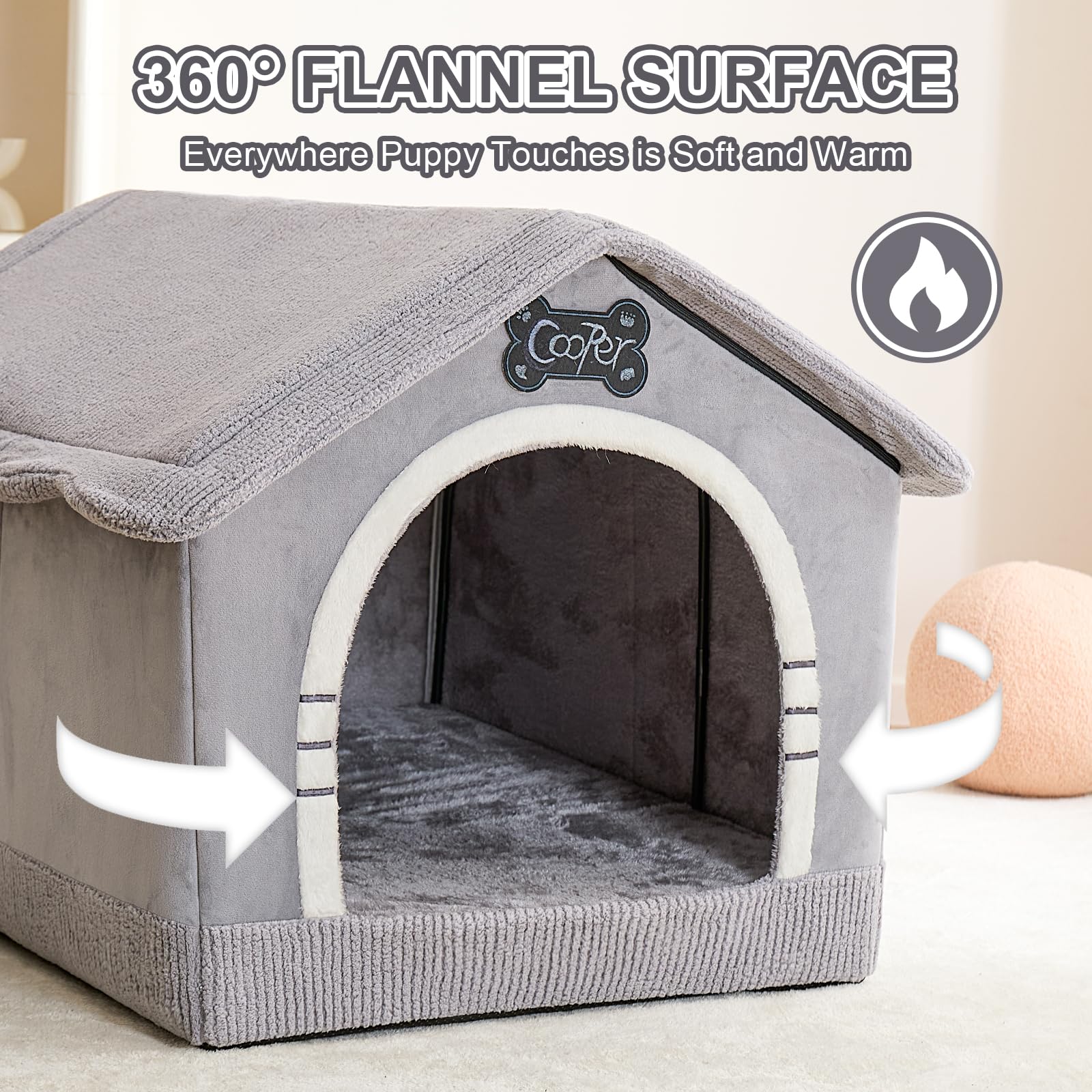 Jiupety Large Indoor Dog House, Cozy Insulated Dog Cave Bed for 25-60 lb Dogs, Grey (30"×26"×25")