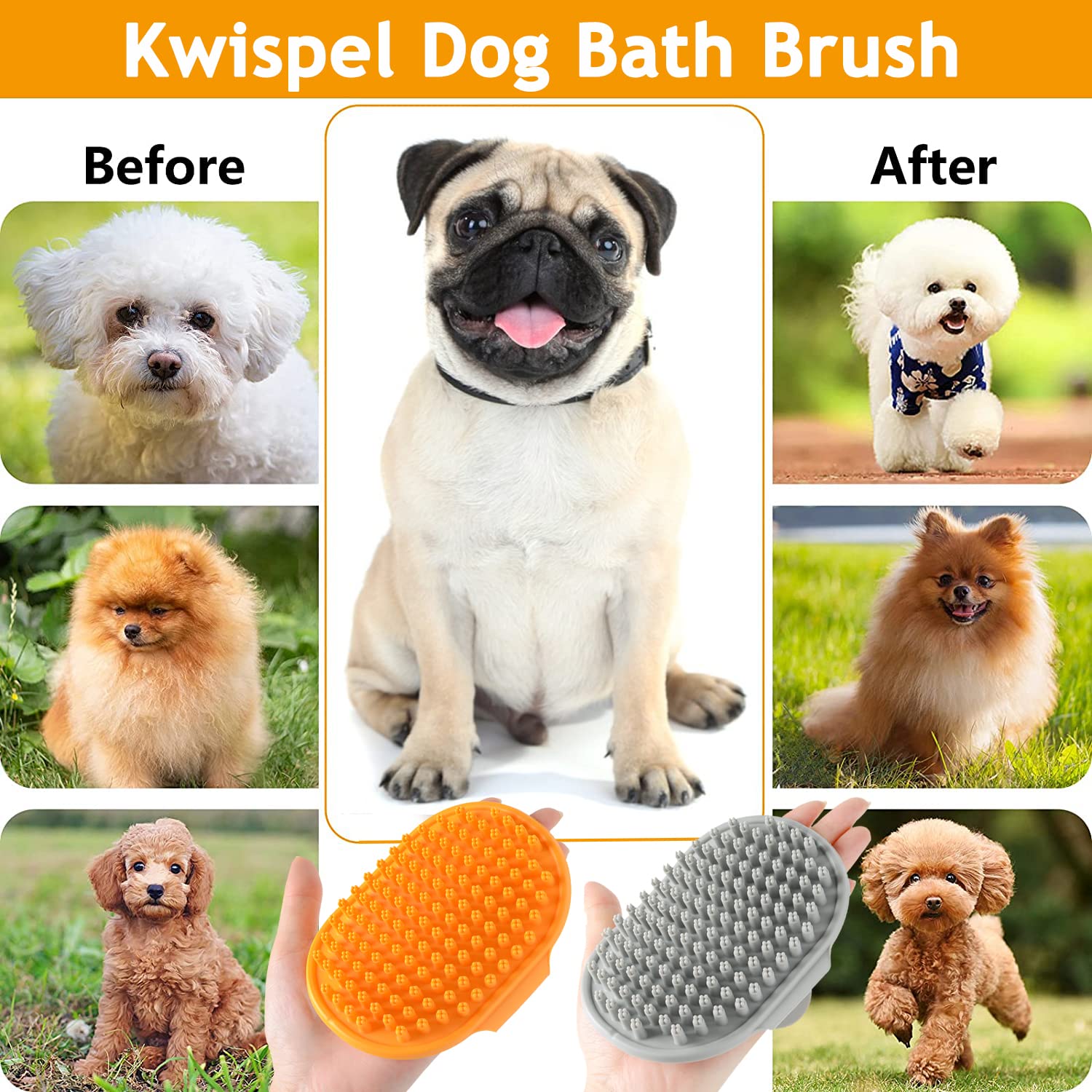 Kwispel Dog Bath Brush Set - 2 Pcs Rubber Grooming And Shedding Brush For Short And Long Haired Dogs, Cats With Adjustable Handle - Perfect For Washing, Shampooing, And Bathing