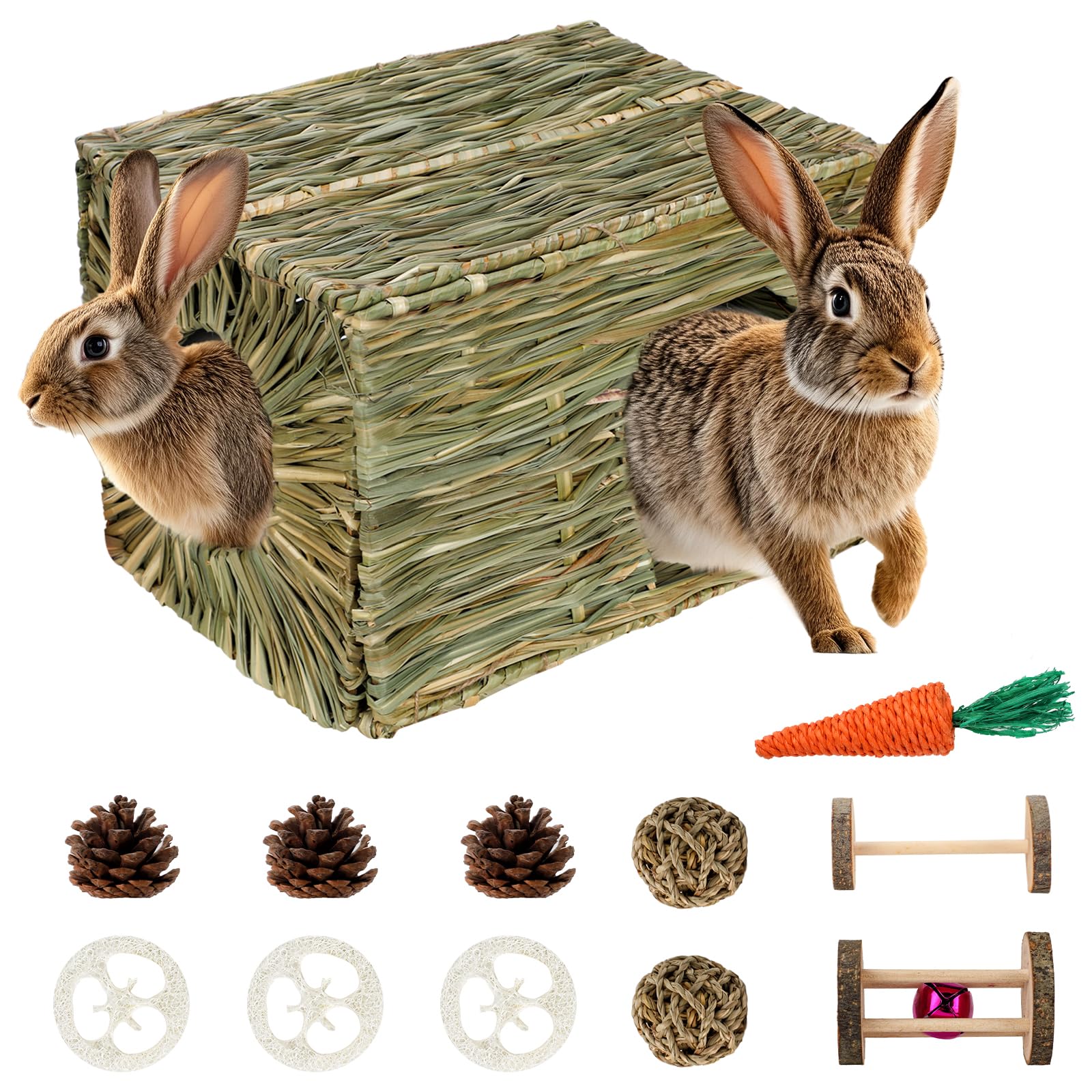 Bwogue Extra Large Rabbit Grass House Natural Hand Woven Seagrass Bed Safe Comfortable Playhouse Chew Hideaway Mat Hay Toys Hut 