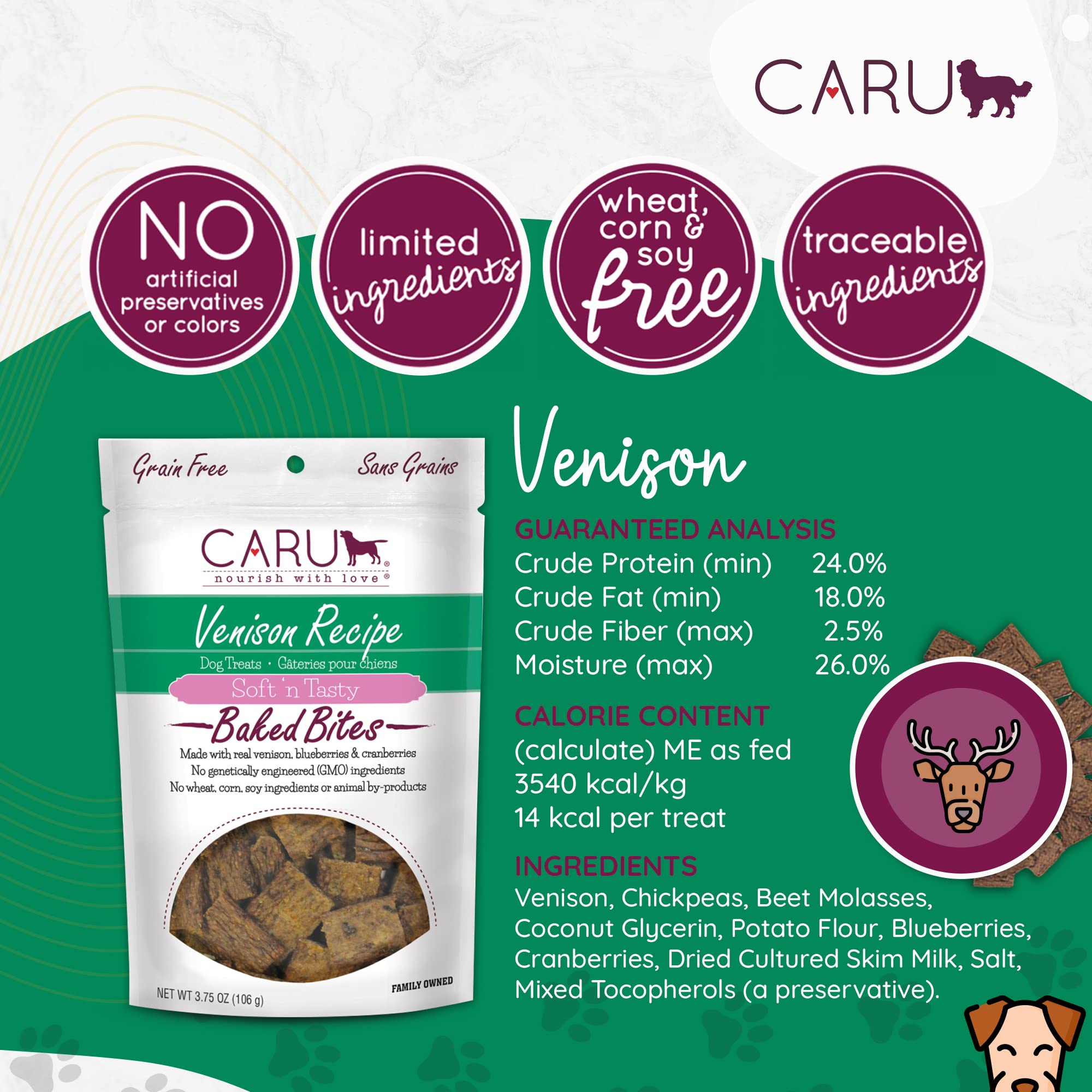 CARU - Soft n Tasty Baked Bites - Venison Bites Dog Treats - Flavorful Training Treats - 3.75 oz